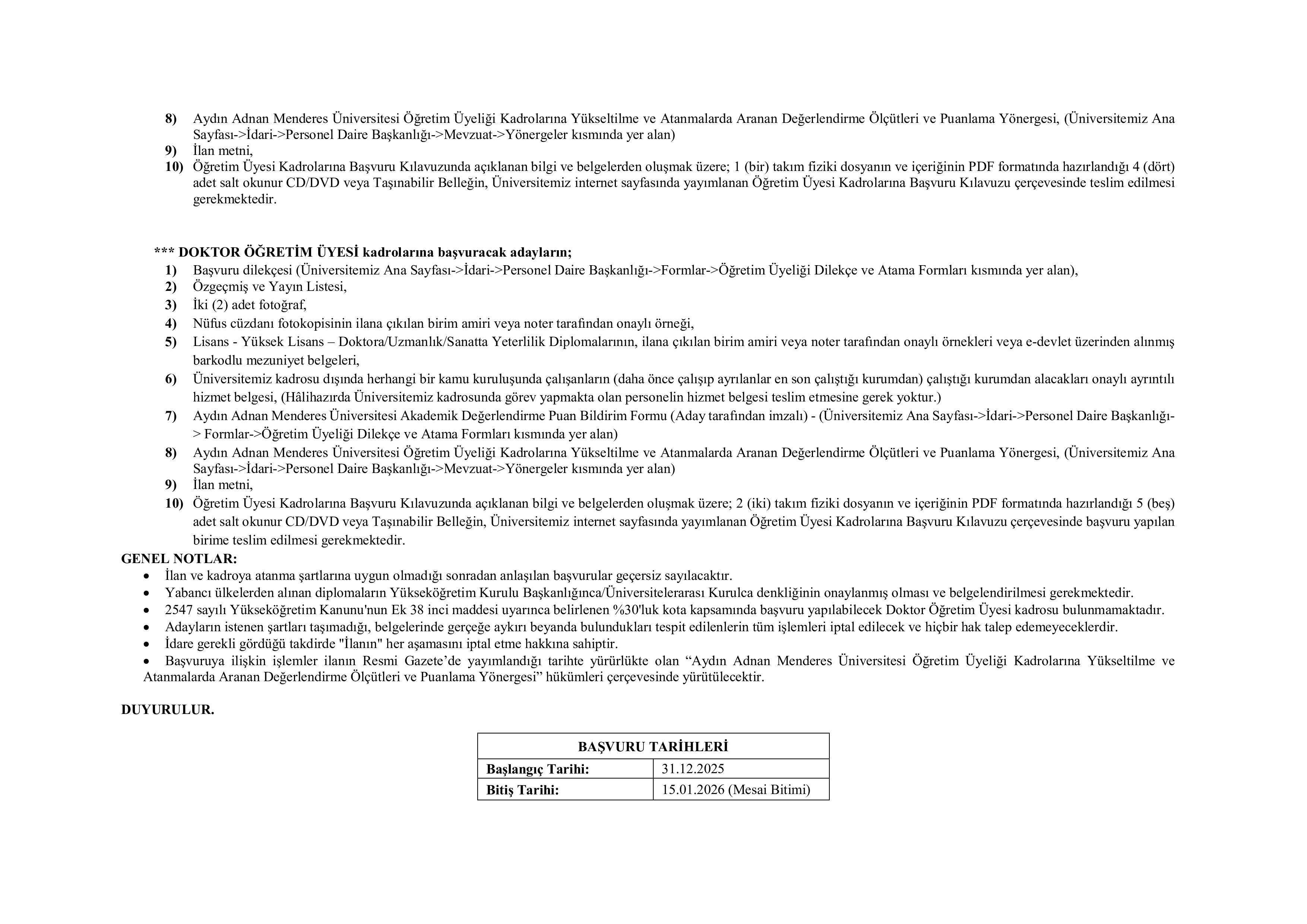 AYDIN ADNAN MENDERES ÜNİVERSİTESİ 143  ALACAK ( 31 Aralık - 15 Ocak) İlan İçeriği Sayfa 2