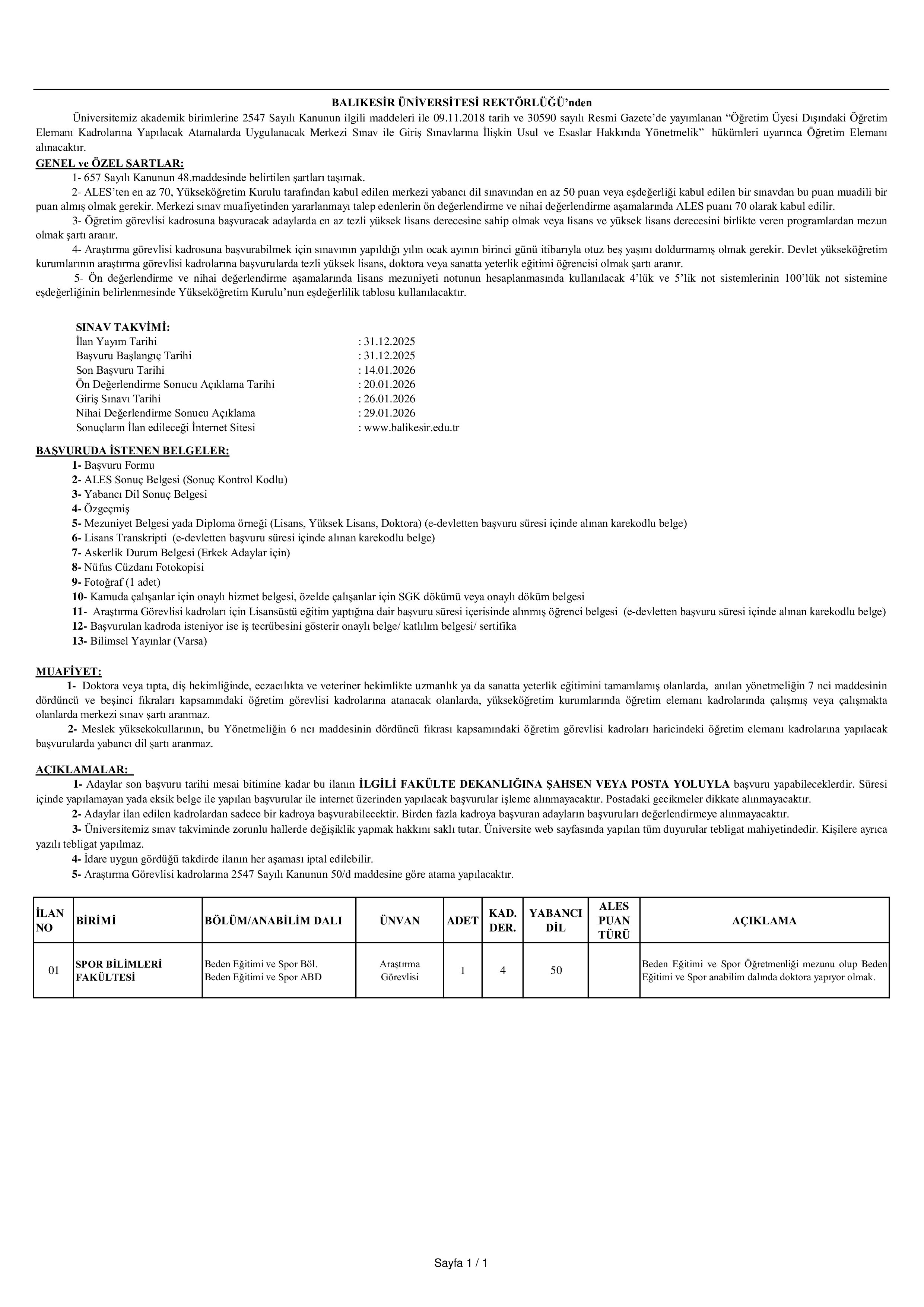 İlan İçeriği Sayfa 1 BALIKESİR ÜNİVERSİTESİ 20 ÖĞRETİM ÜYESİ ALACAK ( 31 Aralık - 14 Ocak) İlan İçeriği Sayfa 1