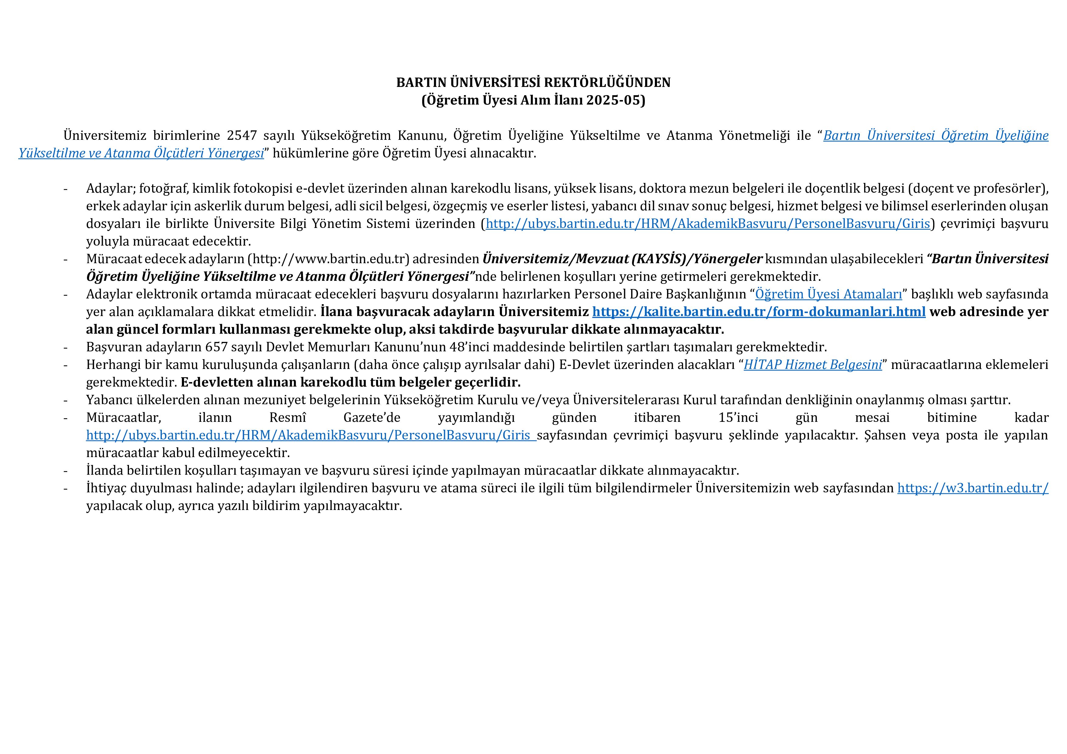 BARTIN ÜNİVERSİTESİ 23 ÖĞRETİM ELEMANI ALACAK ( 31 Aralık - 14 Ocak) İlan İçeriği Sayfa 1