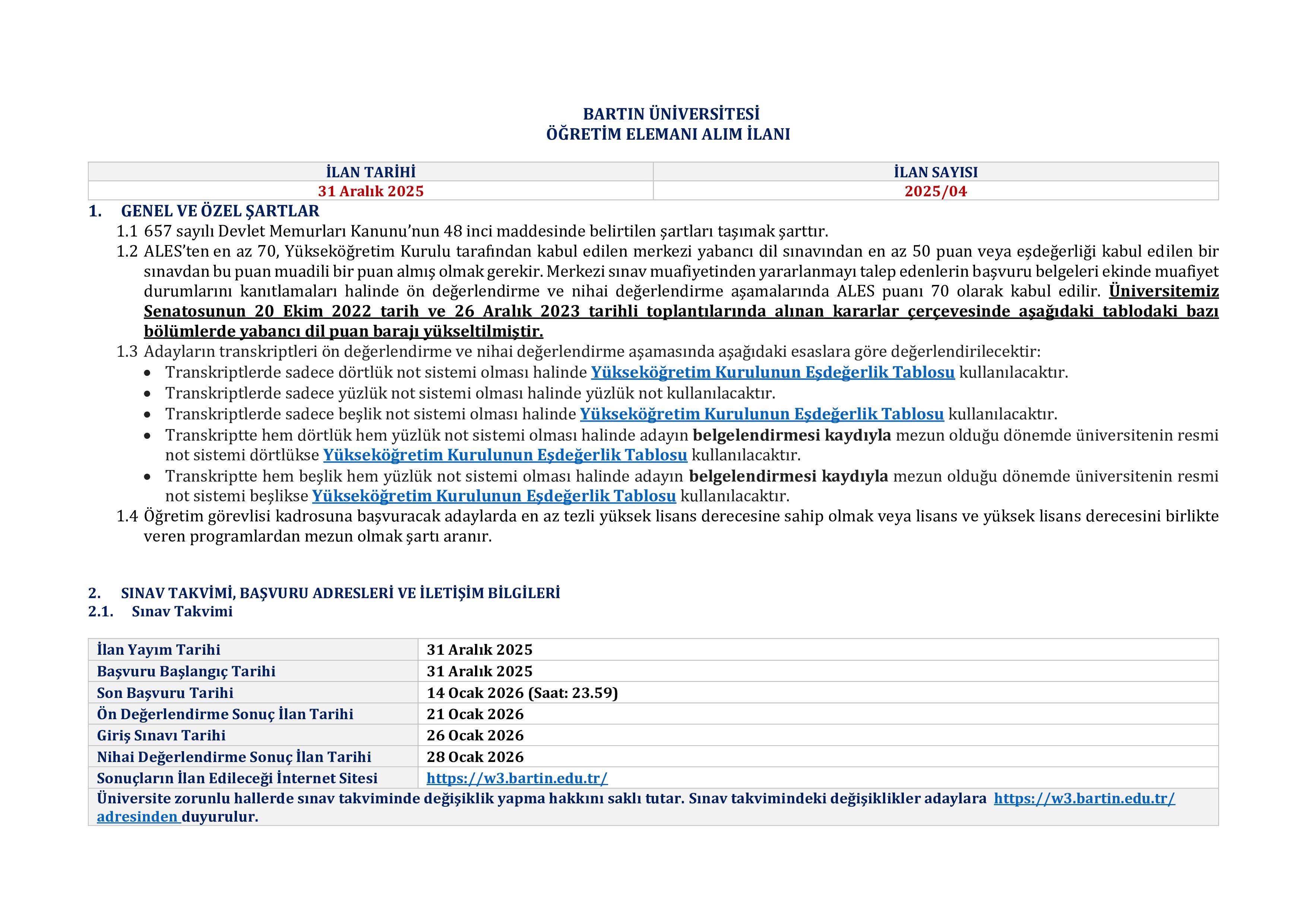 BARTIN ÜNİVERSİTESİ 23 ÖĞRETİM ELEMANI ALACAK ( 31 Aralık - 14 Ocak) İlan İçeriği Sayfa 6