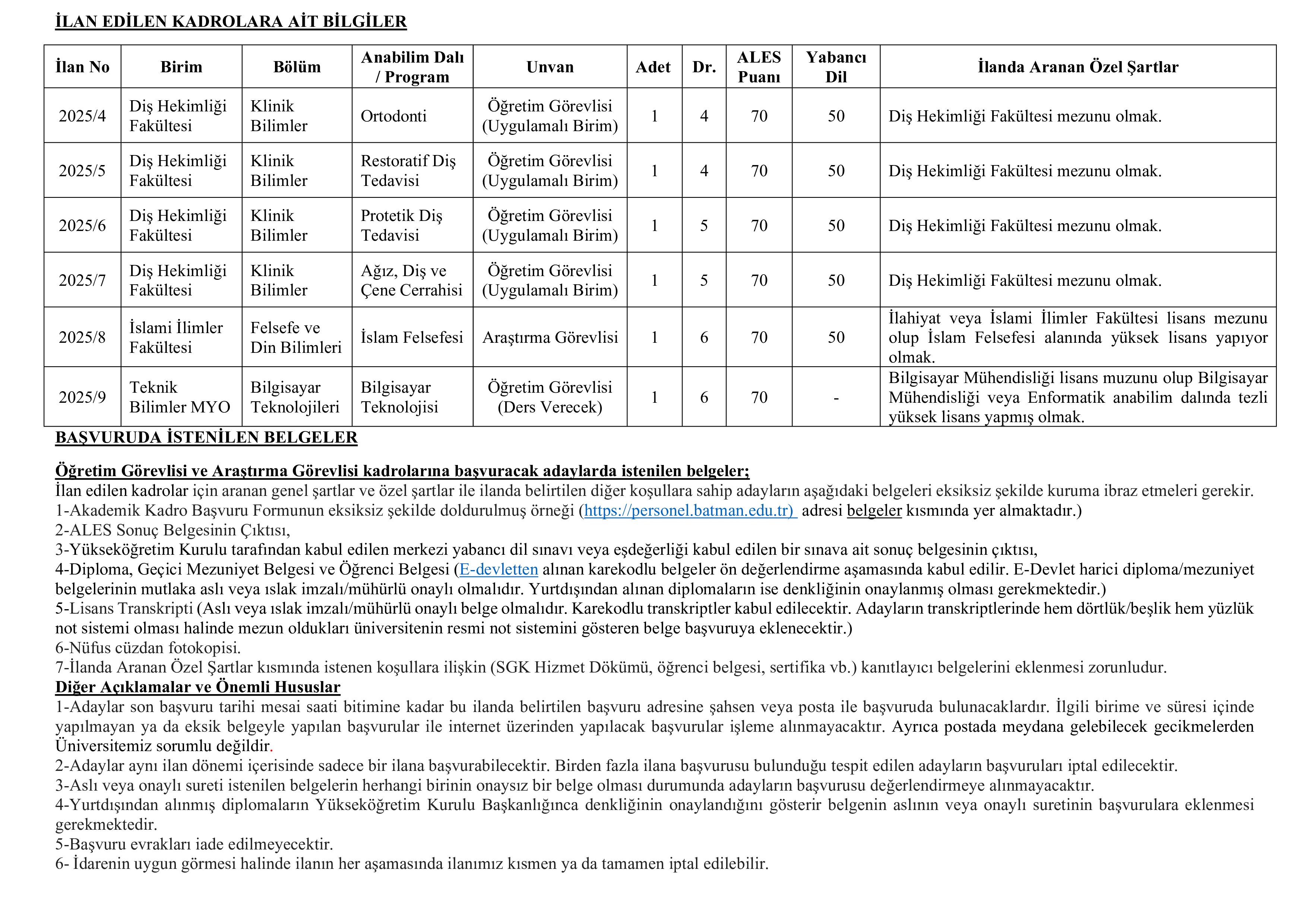 İlan İçeriği Sayfa 2 BATMAN ÜNİVERSİTESİ 6 ÖĞRETİM ELEMANI ALACAK ( 31 Aralık - 14 Ocak) İlan İçeriği Sayfa 2