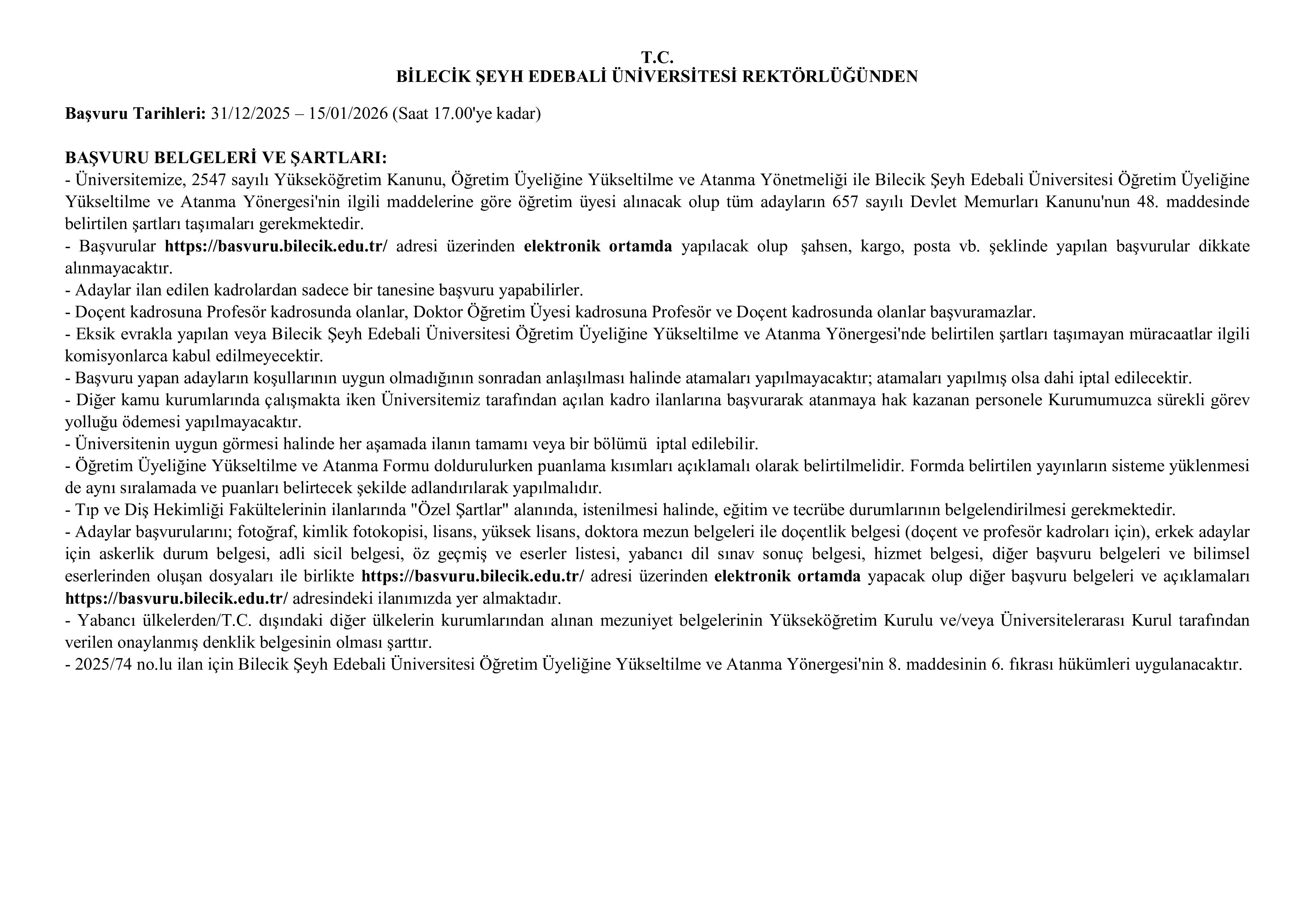 BİLECİK ŞEYH EDEBALİ ÜNİVERSİTESİ 26 ÖĞRETİM ÜYESİ ALACAK ( 31 Aralık - 15 Ocak) İlan İçeriği Sayfa 1