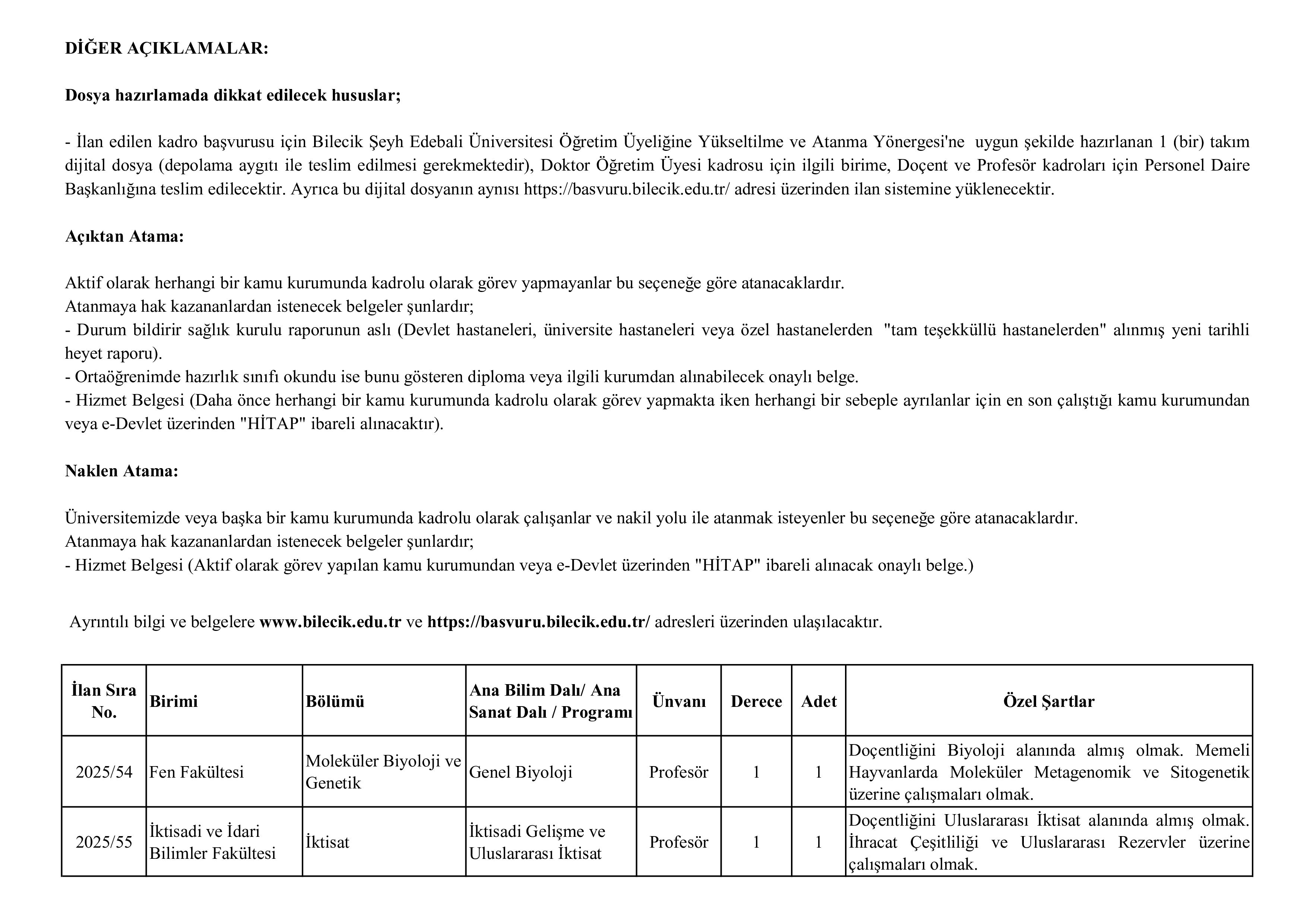 BİLECİK ŞEYH EDEBALİ ÜNİVERSİTESİ 26 ÖĞRETİM ÜYESİ ALACAK ( 31 Aralık - 15 Ocak) İlan İçeriği Sayfa 2