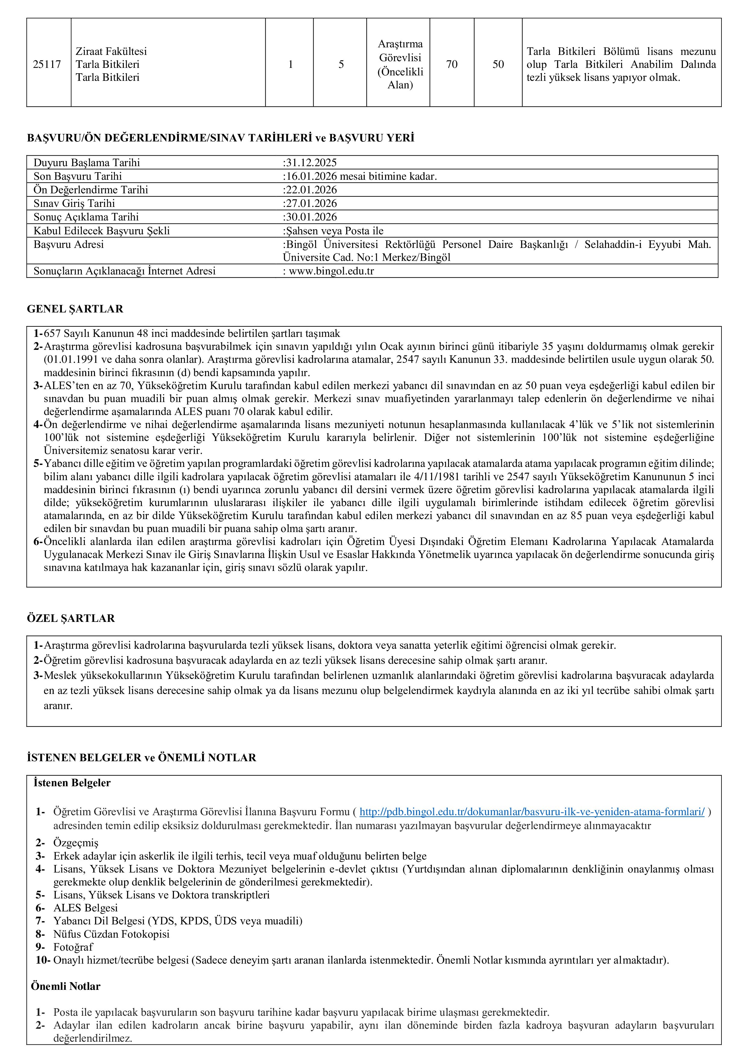 BİNGÖL ÜNİVERSİTESİ 70 ÖĞRETİM ÜYESİ ALACAK ( 31 Aralık - 30 Ocak) İlan İçeriği Sayfa 2