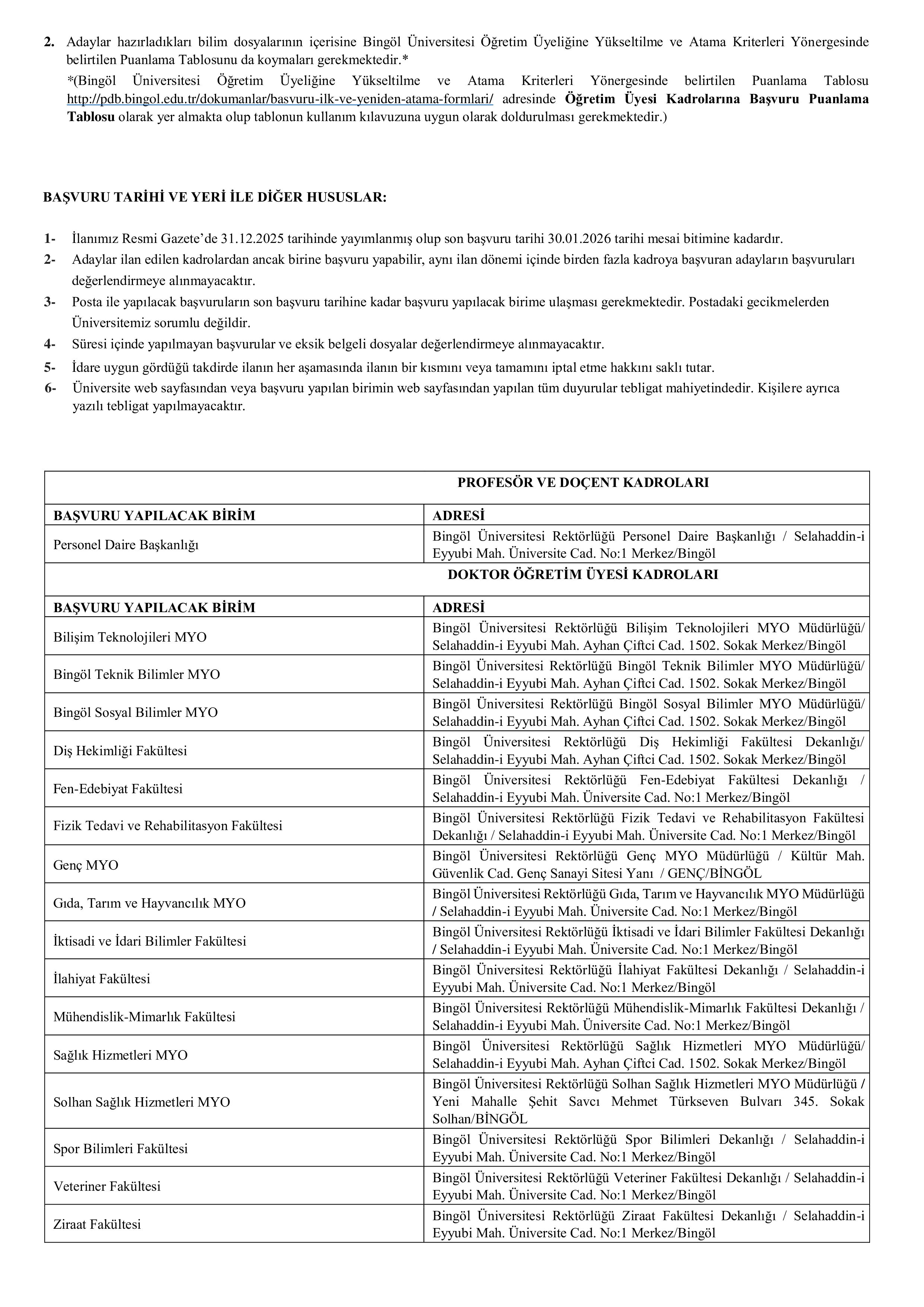 BİNGÖL ÜNİVERSİTESİ 70 ÖĞRETİM ÜYESİ ALACAK ( 31 Aralık - 30 Ocak) İlan İçeriği Sayfa 6