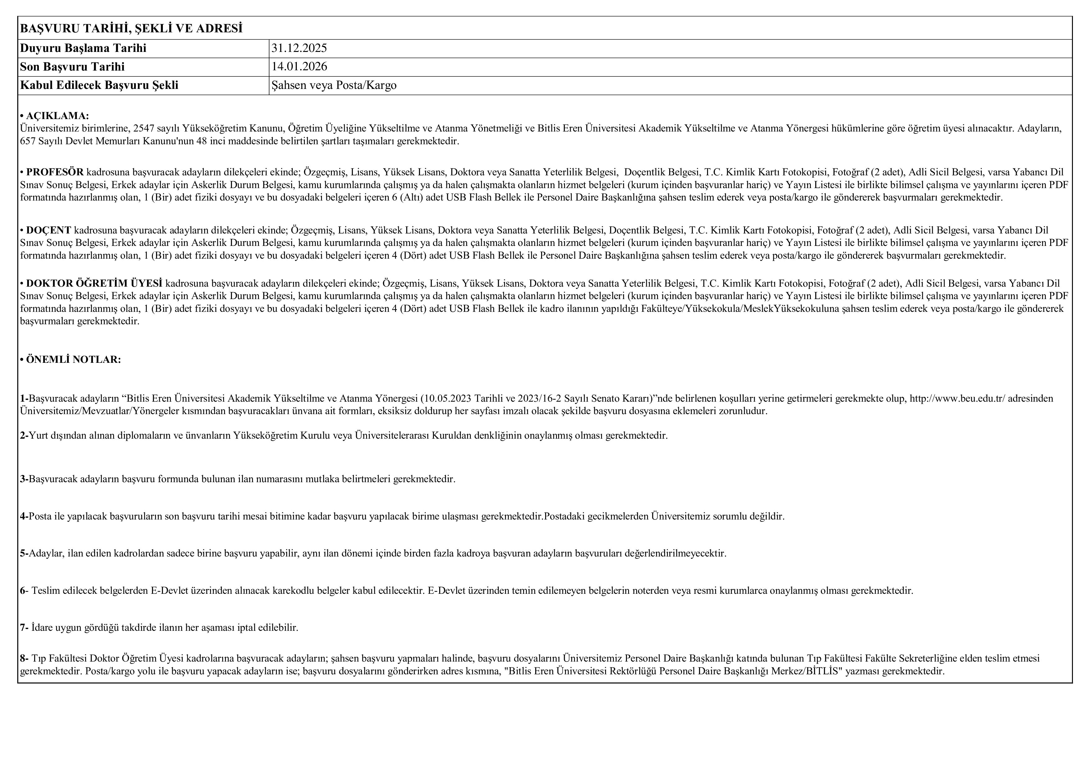 BİTLİS EREN ÜNİVERSİTESİ 36 ÖĞRETİM ÜYESİ ALACAK ( 31 Aralık - 14 Ocak) İlan İçeriği Sayfa 5