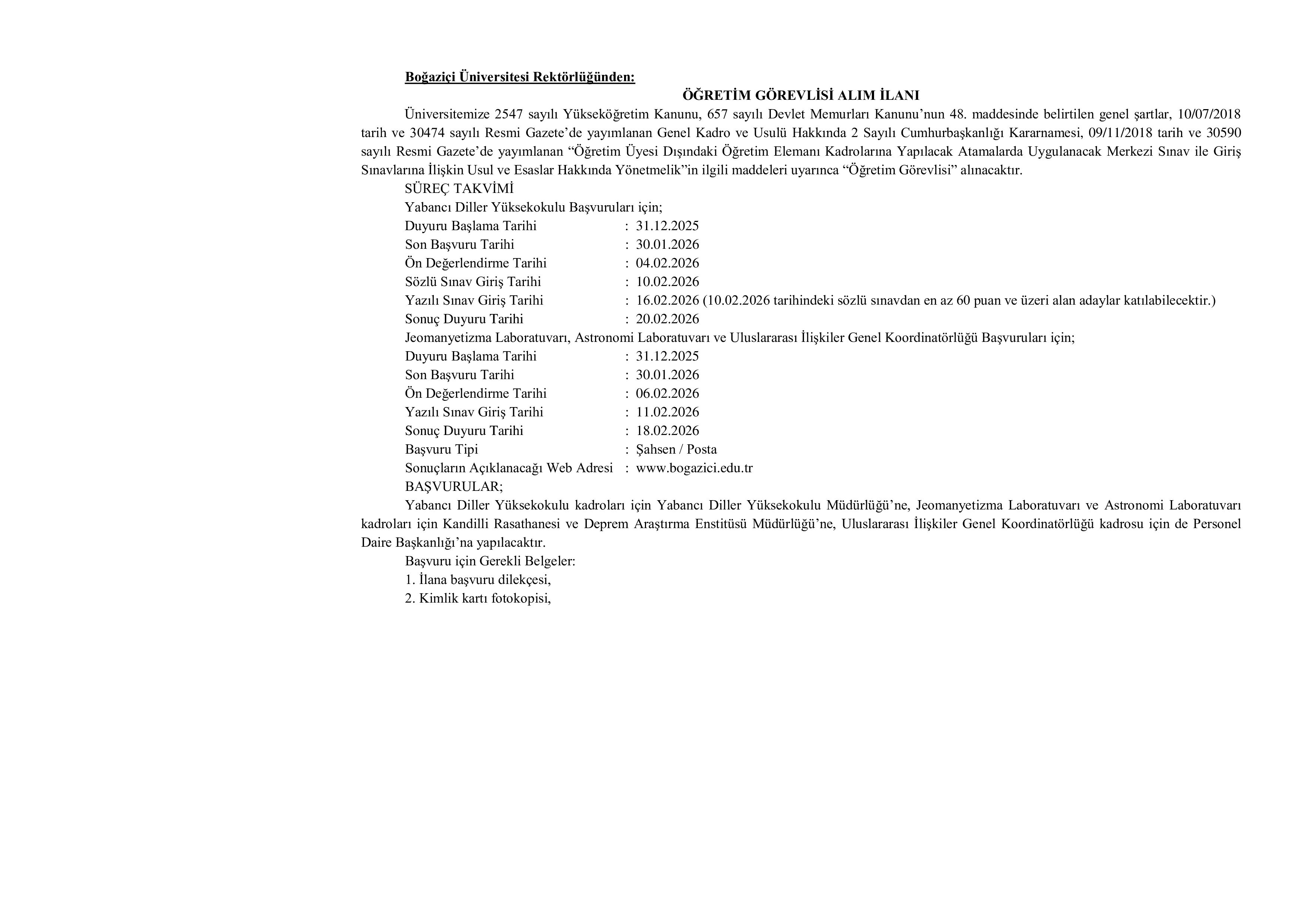 BOĞAZİÇİ ÜNİVERSİTESİ 5 ÖĞRETİM ELEMANI ALACAK ( 31 Aralık - 30 Ocak) İlan İçeriği Sayfa 1