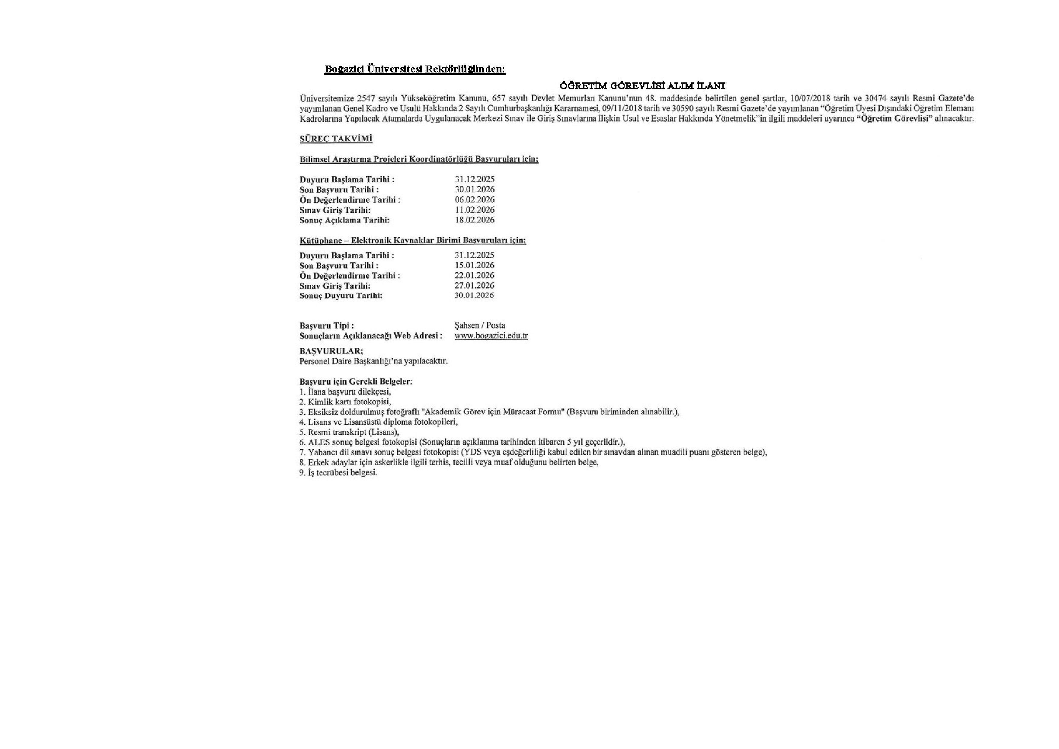 BOĞAZİÇİ ÜNİVERSİTESİ 34  ÖĞRETİM ELEMANI ALACAK ( 31 Aralık - 30 Ocak) İlan İçeriği Sayfa 3