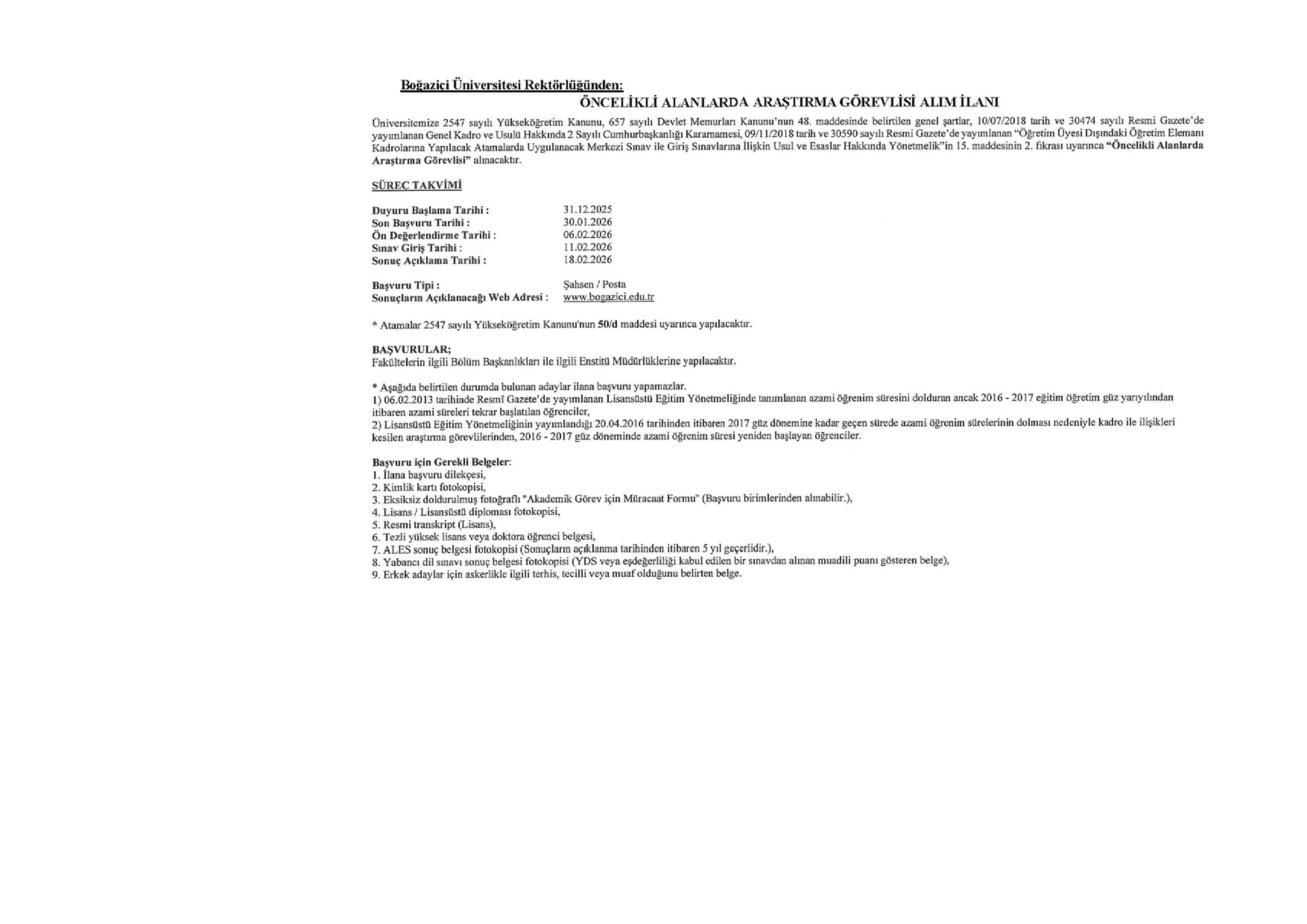 BOĞAZİÇİ ÜNİVERSİTESİ 34  ÖĞRETİM ELEMANI ALACAK ( 31 Aralık - 30 Ocak) İlan İçeriği Sayfa 5