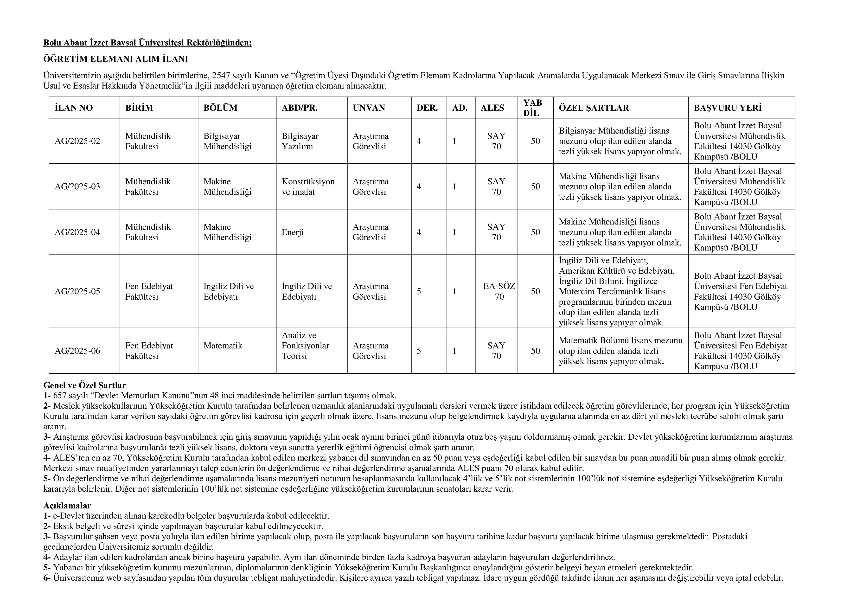 BOLU ABANT İZZET BAYSAL ÜNİVERSİTESİ 15 ÖĞRETİM ELEMANI ALACAK ( 31 Aralık - 15 Ocak) İlan İçeriği Sayfa 2