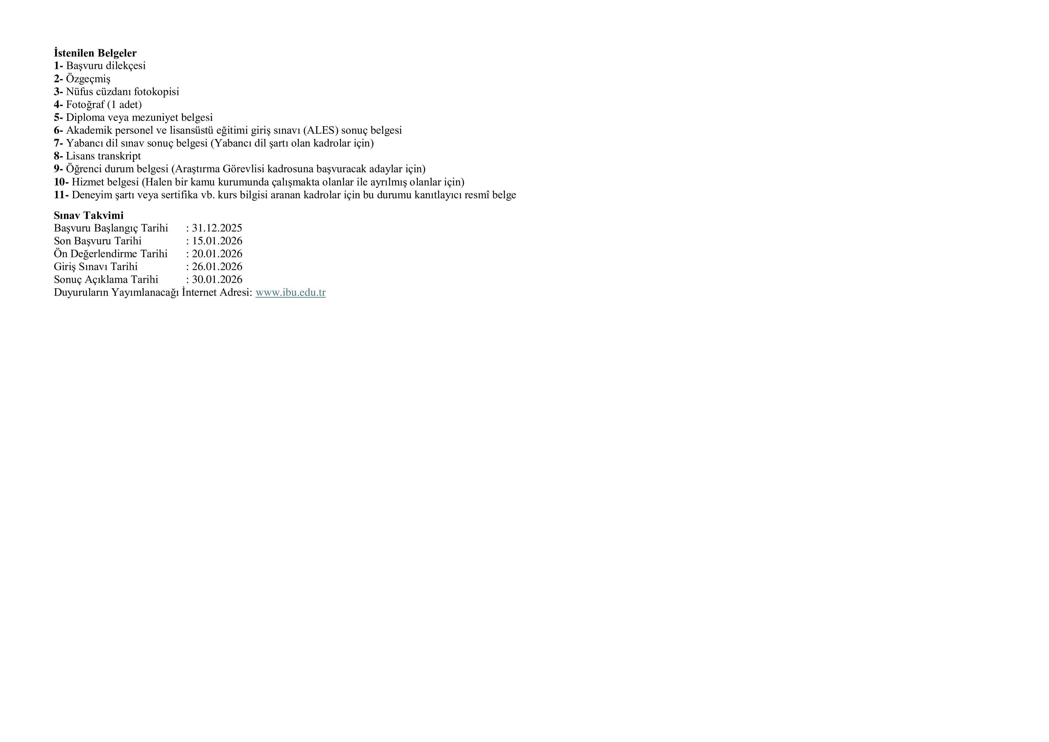 BOLU ABANT İZZET BAYSAL ÜNİVERSİTESİ 15 ÖĞRETİM ELEMANI ALACAK ( 31 Aralık - 15 Ocak) İlan İçeriği Sayfa 3