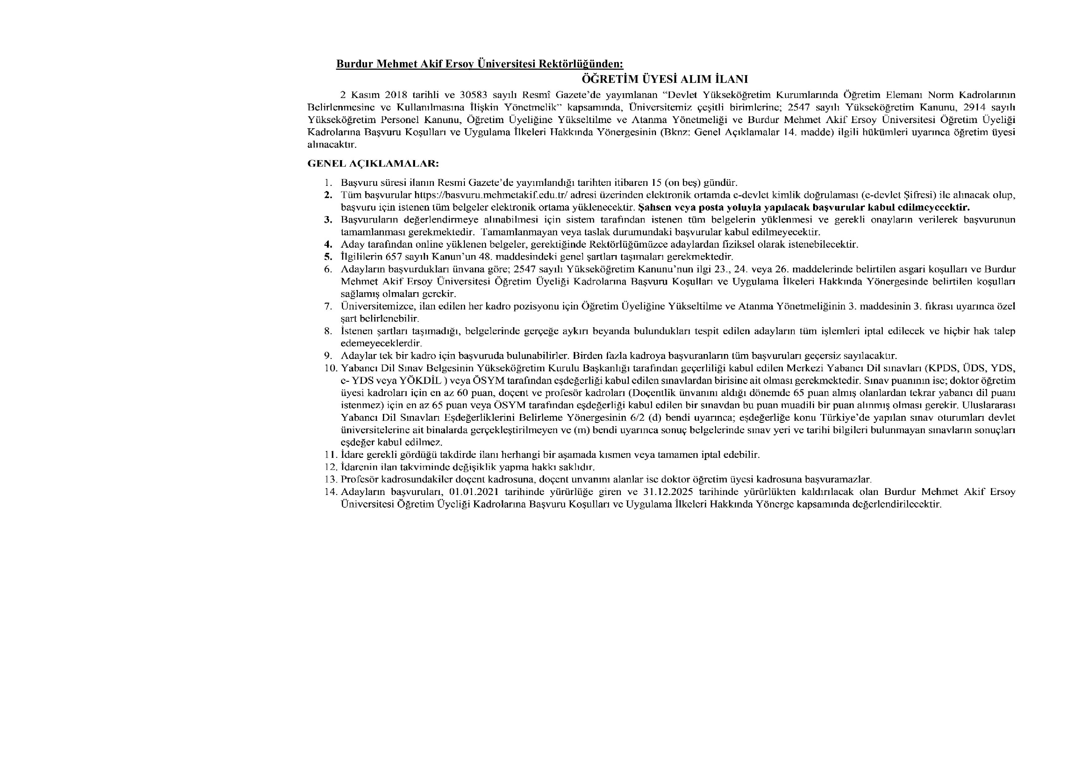BURDUR MEHMET AKİF ERSOY ÜNİVERSİTESİ 6 ÖĞRETİM ELEMANI ALACAK ( 31 Aralık - 14 Ocak) İlan İçeriği Sayfa 1