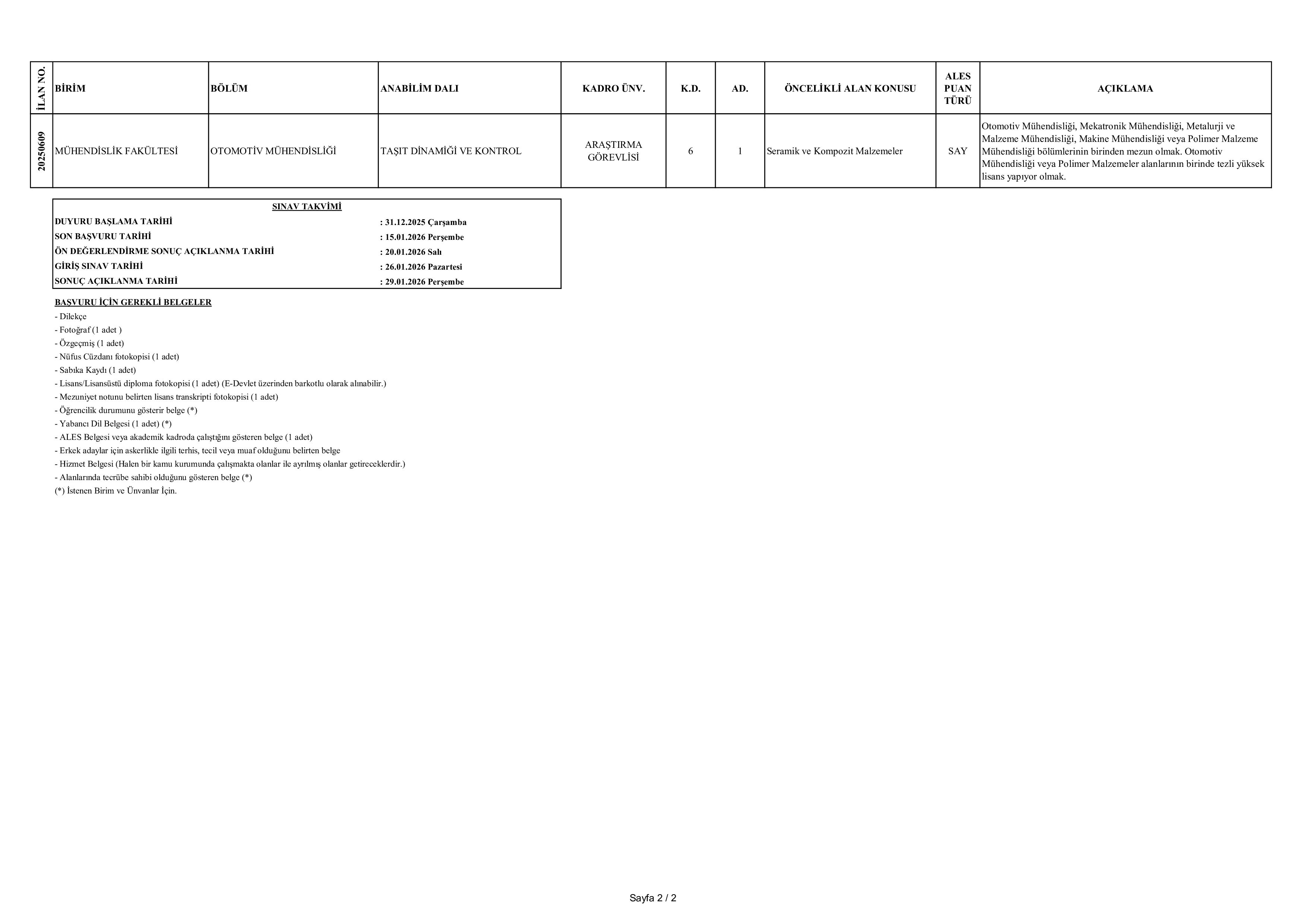 BURSA ULUDAĞ ÜNİVERSİTESİ 8  ARAŞTIRMA GÖREVLİSİ ALACAK ( 31 Aralık - 15 Ocak) İlan İçeriği Sayfa 2