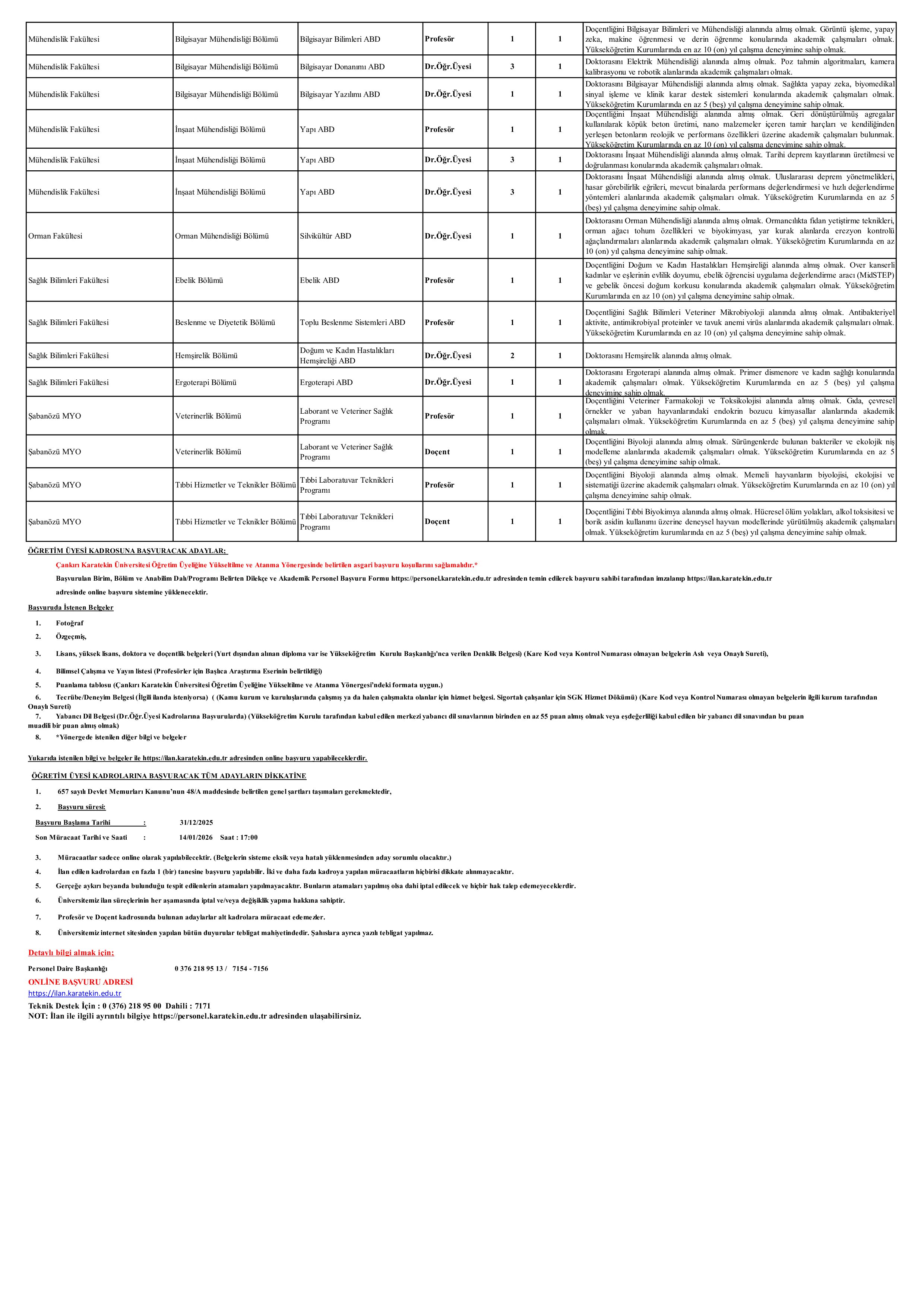 ÇANKIRI KARATEKİN ÜNİVERSİTESİ 52 ÖĞRETİM ELEMANI ALACAK ( 31 Aralık - 14 Ocak) İlan İçeriği Sayfa 2