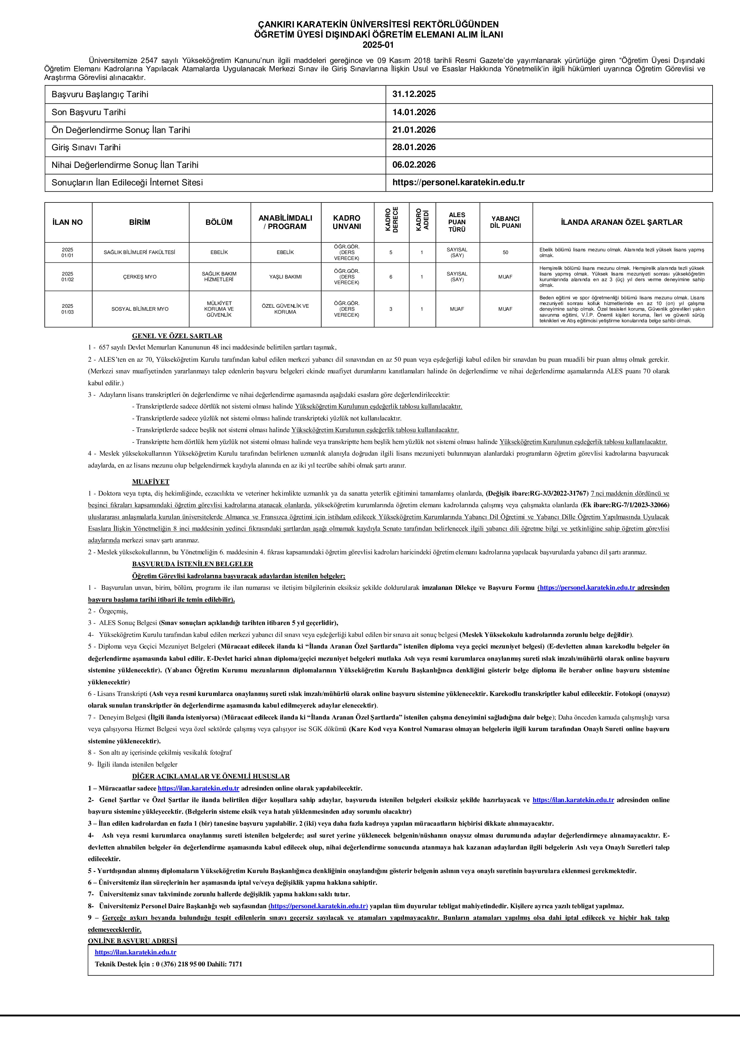 ÇANKIRI KARATEKİN ÜNİVERSİTESİ 52 ÖĞRETİM ELEMANI ALACAK ( 31 Aralık - 14 Ocak) İlan İçeriği Sayfa 3