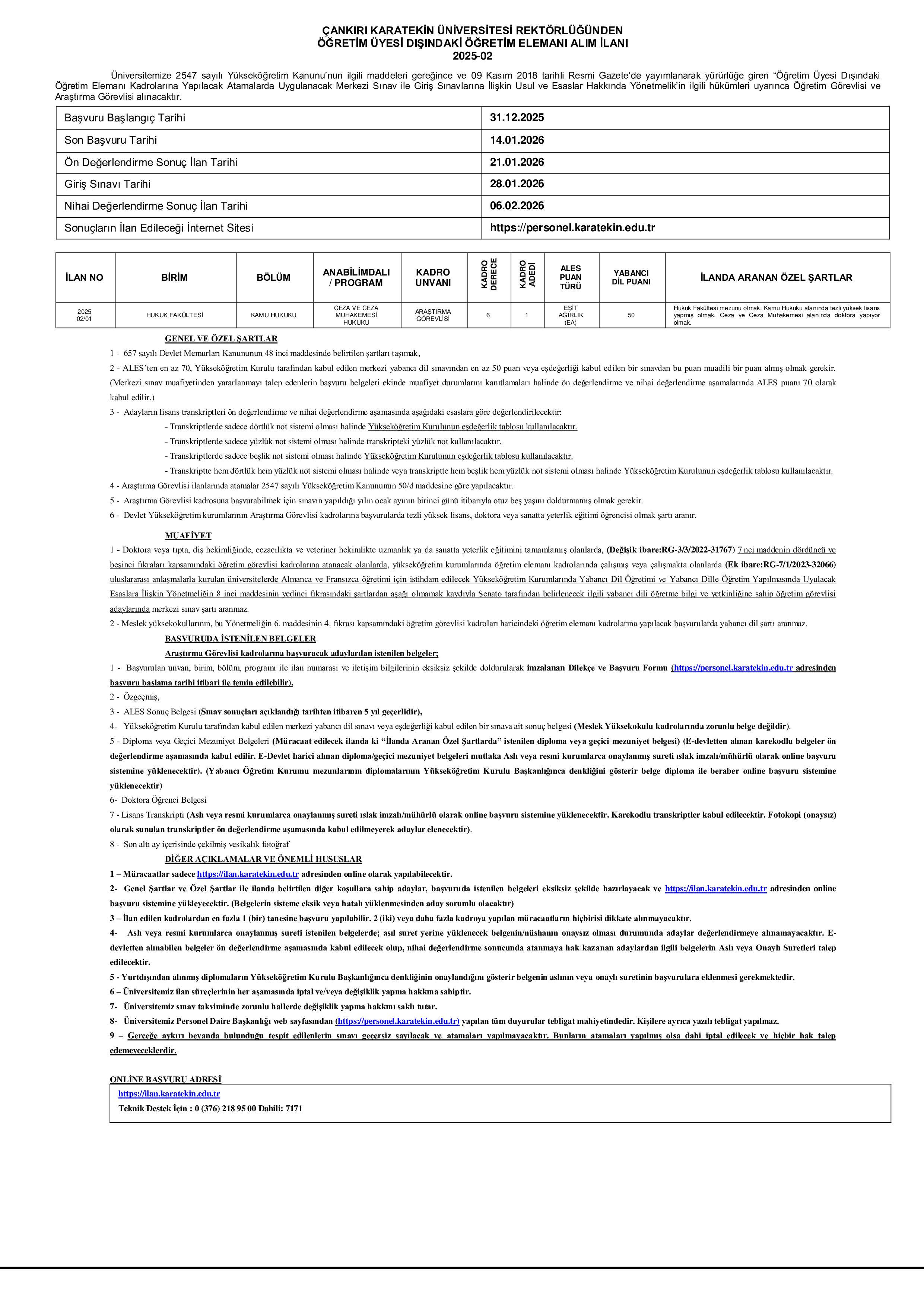 ÇANKIRI KARATEKİN ÜNİVERSİTESİ 52 ÖĞRETİM ELEMANI ALACAK ( 31 Aralık - 14 Ocak) İlan İçeriği Sayfa 4