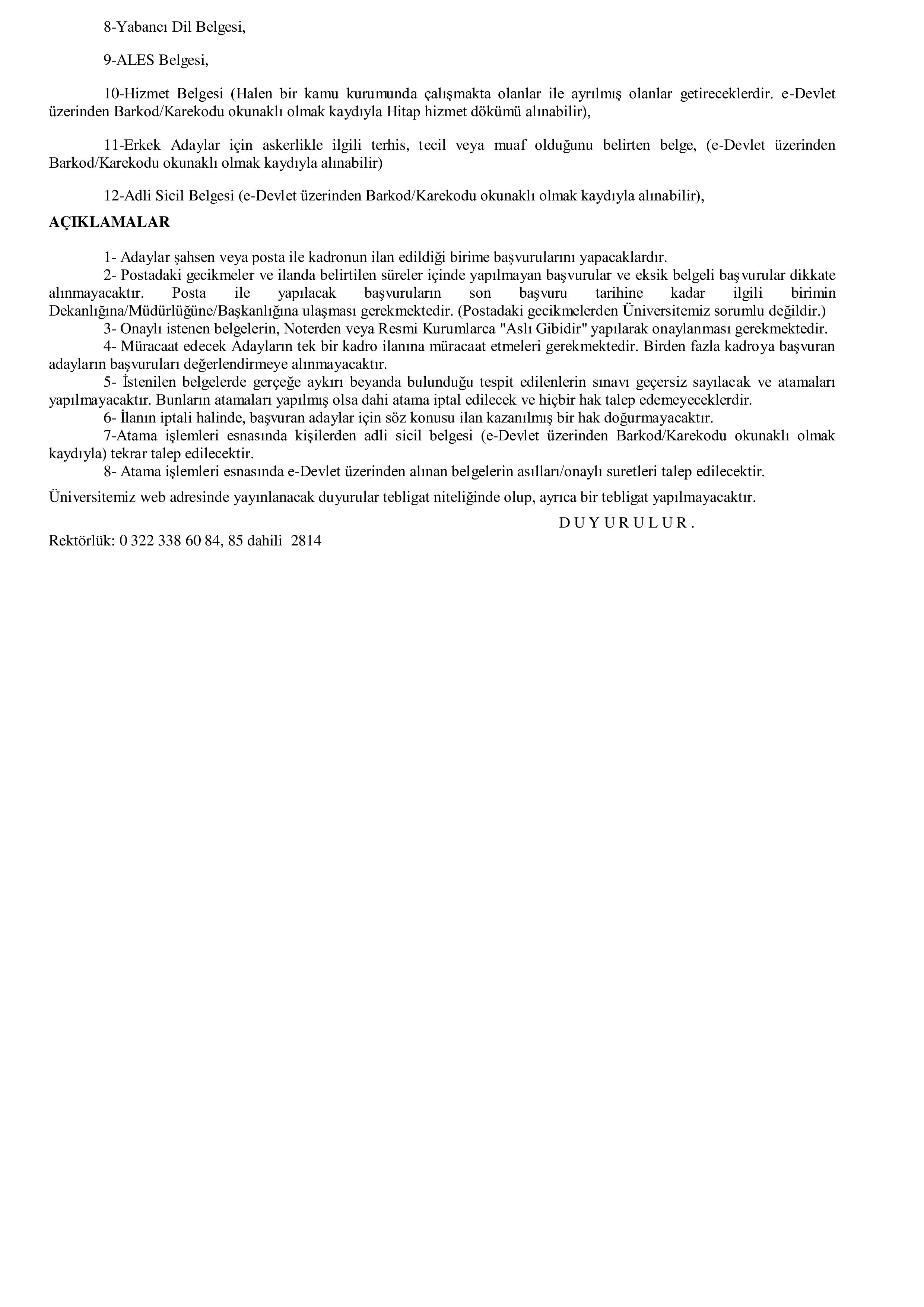 ÇUKUROVA ÜNİVERSİTESİ 6 ÖĞRETİM ELEMANI ALACAK ( 31 Aralık - 14 Ocak) İlan İçeriği Sayfa 2