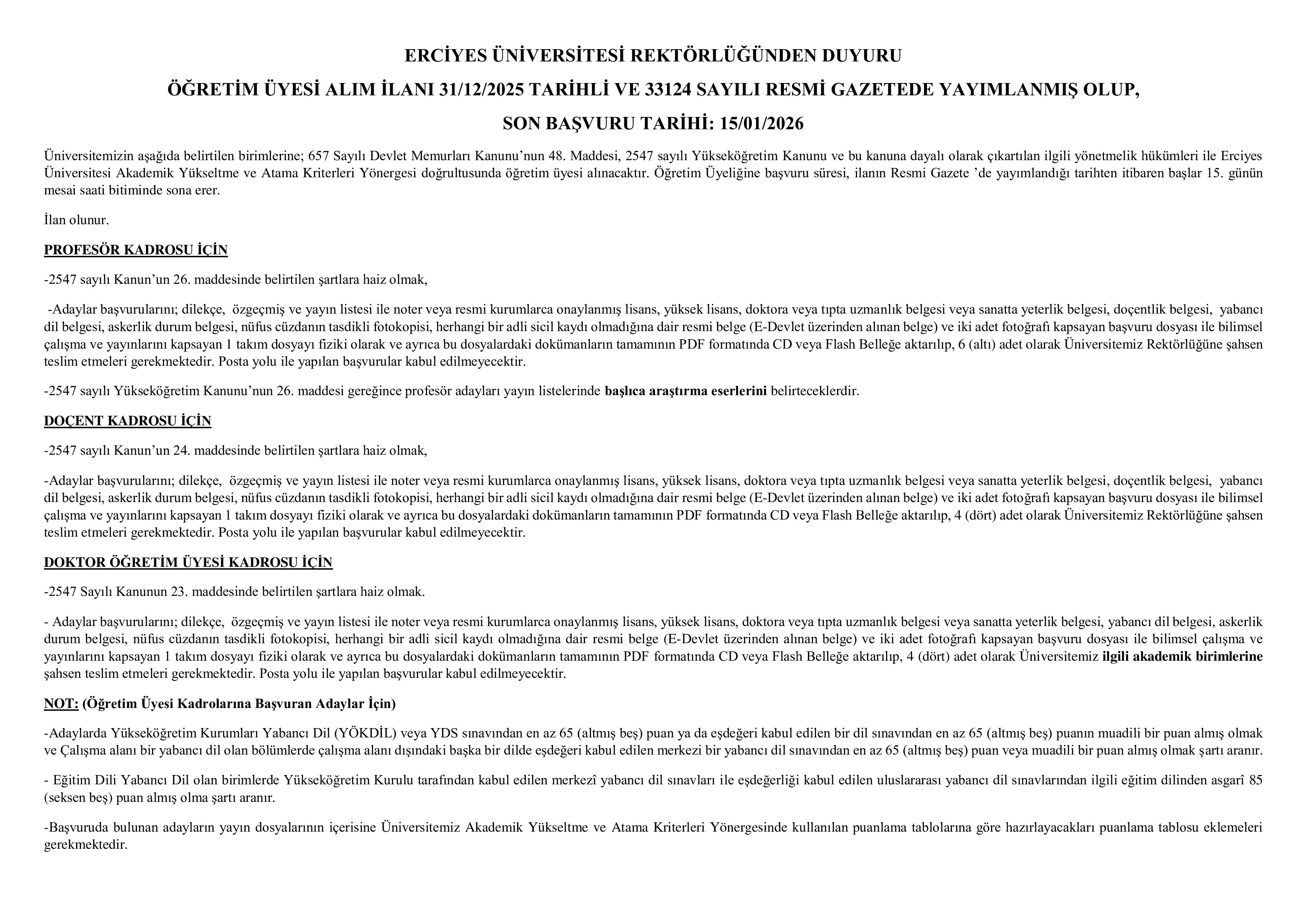 ERCİYES ÜNİVERSİTESİ 49 ÖĞRETİM ÜYESİ ALACAK ( 31 Aralık - 15 Ocak) İlan İçeriği Sayfa 1