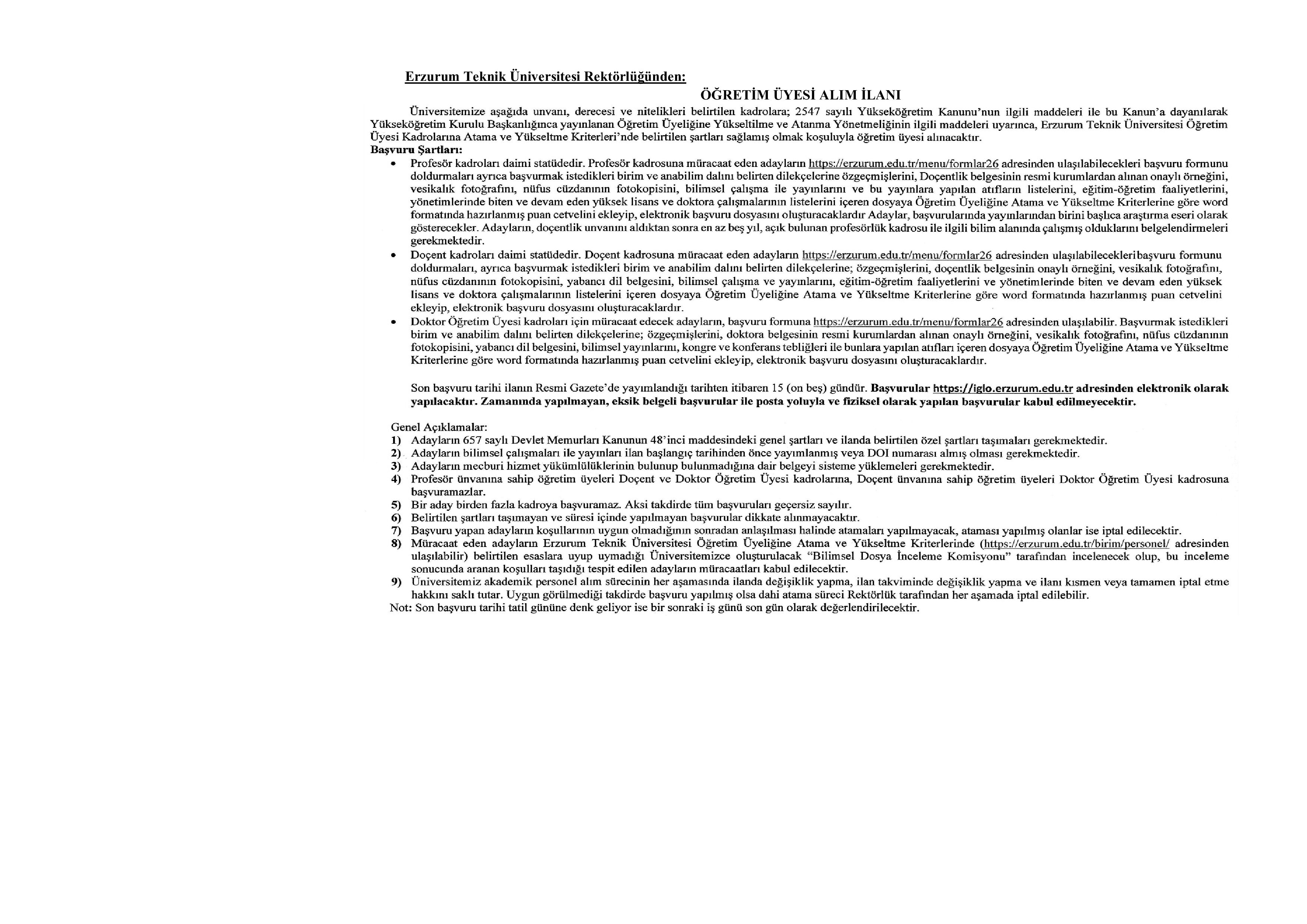 İlan İçeriği Sayfa 1 ERZURUM TEKNİK ÜNİVERSİTESİ 25 ÖĞRETİM ELEMANI ALACAK ( 31 Aralık - 14 Ocak) İlan İçeriği Sayfa 1
