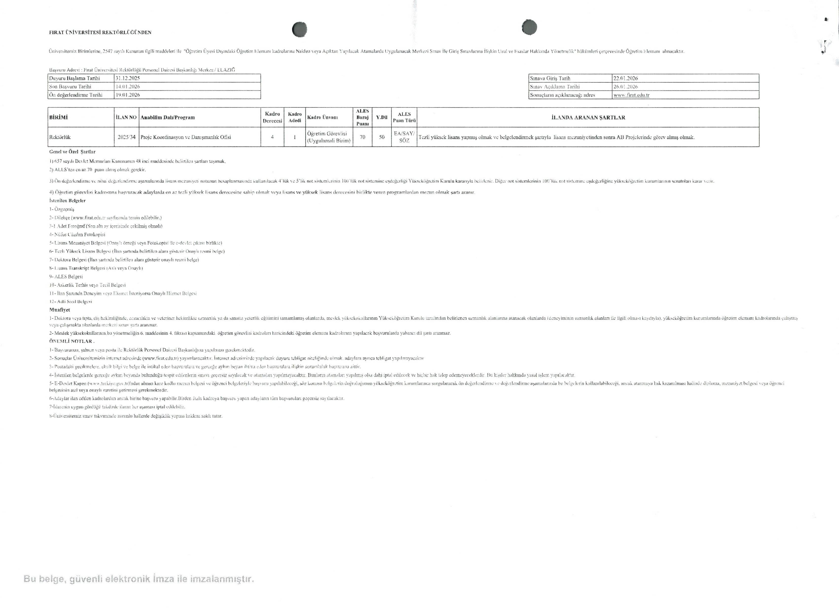 FIRAT ÜNİVERSİTESİ 24 ÖĞRETİM ELEMANI ALACAK ( 31 Aralık - 14 Ocak) İlan İçeriği Sayfa 3