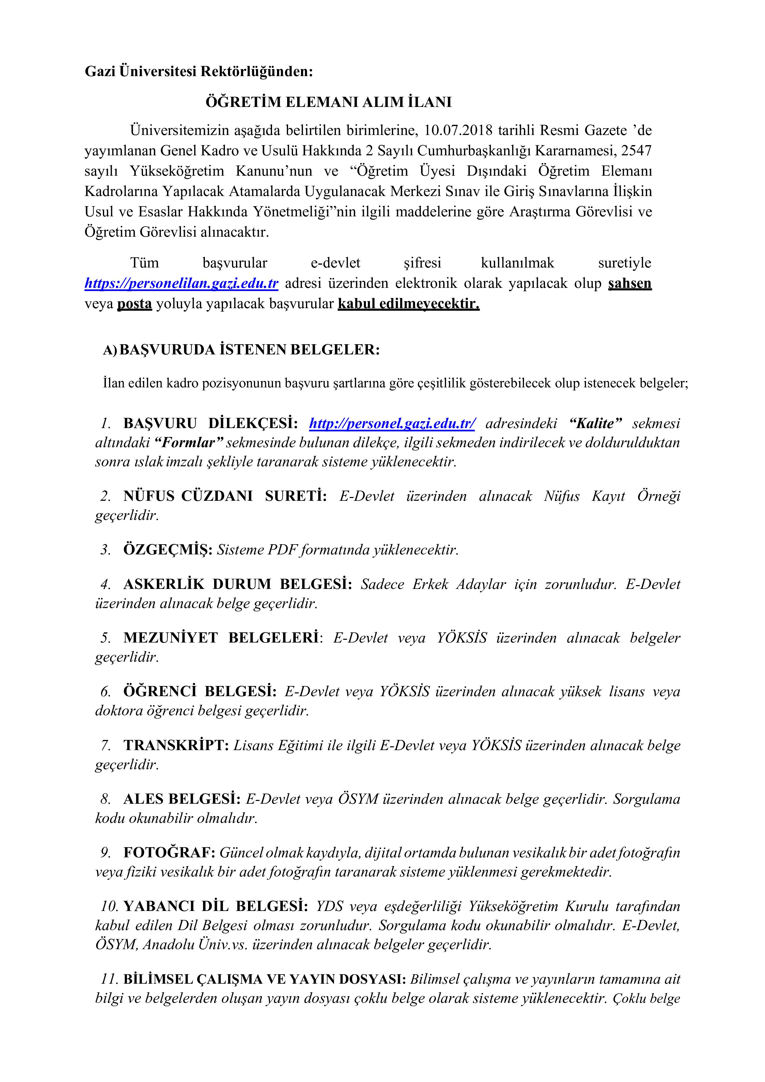 GAZİ ÜNİVERSİTESİ 72 ÖĞRETİM ÜYESİ ALACAK ( 31 Aralık - 14 Ocak) İlan İçeriği Sayfa 1