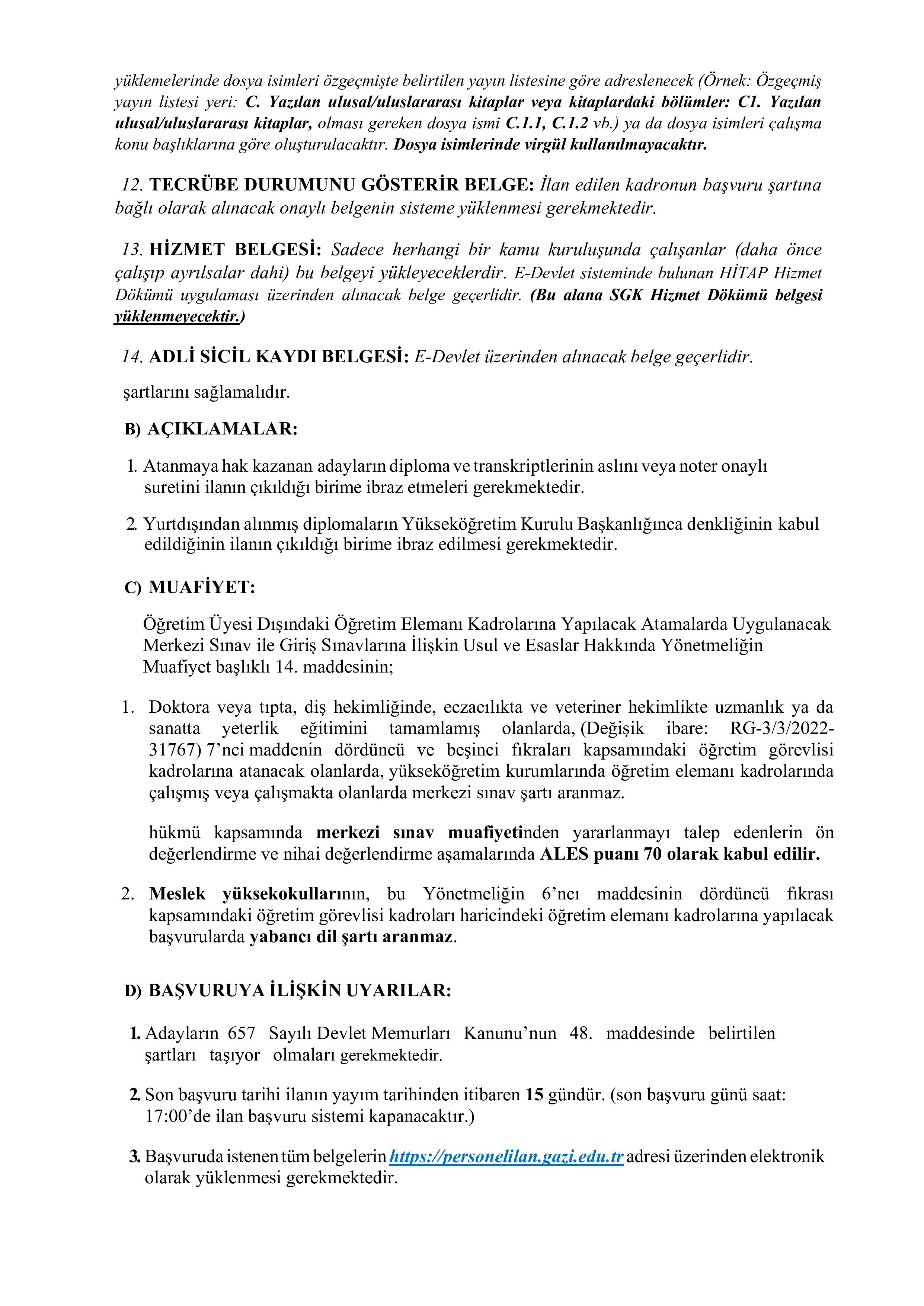 GAZİ ÜNİVERSİTESİ 72 ÖĞRETİM ÜYESİ ALACAK ( 31 Aralık - 14 Ocak) İlan İçeriği Sayfa 2