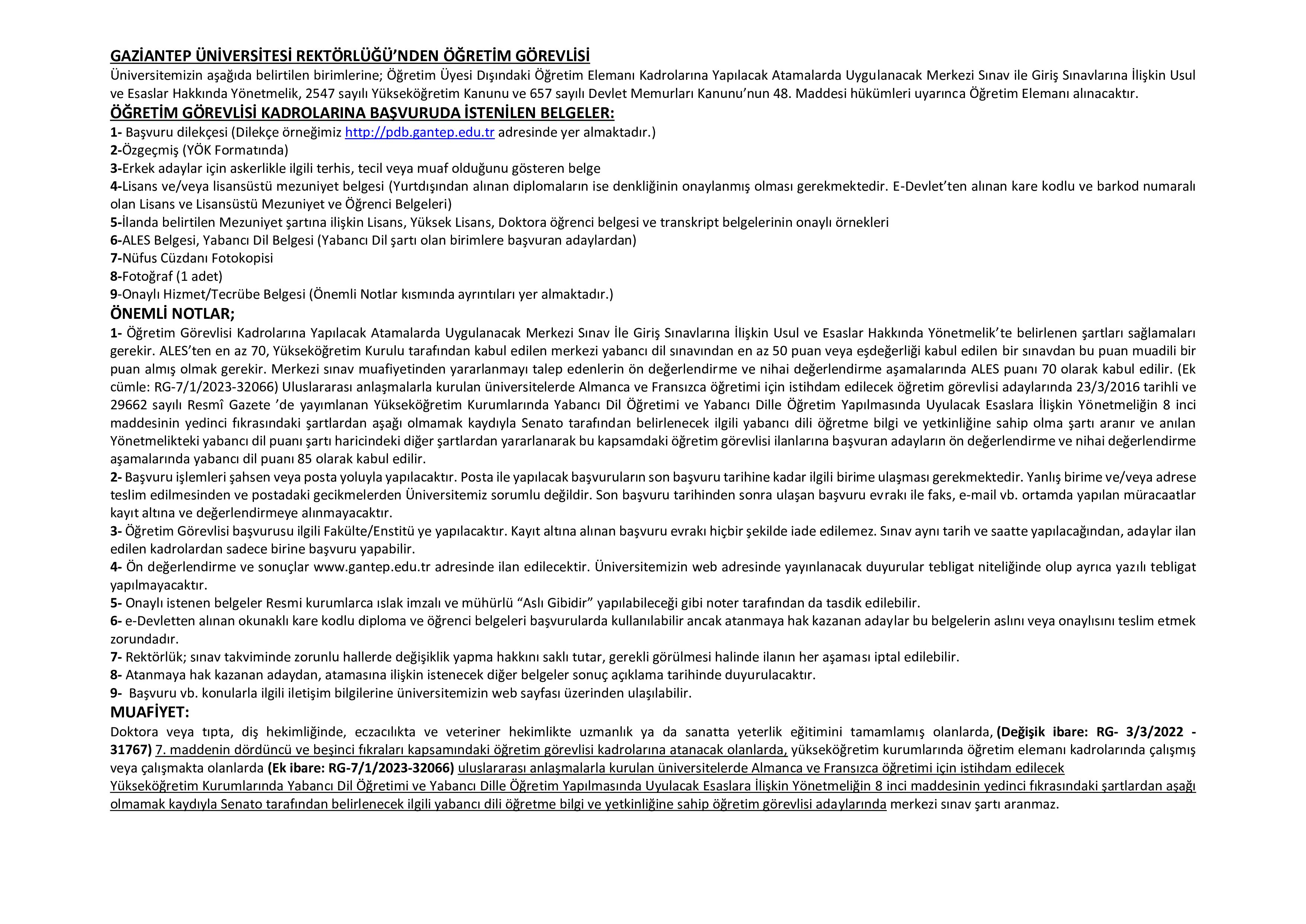 GAZİANTEP ÜNİVERSİTESİ 9 ÖĞRETİM ELEMANI ALACAK ( 31 Aralık - 15 Ocak) İlan İçeriği Sayfa 1