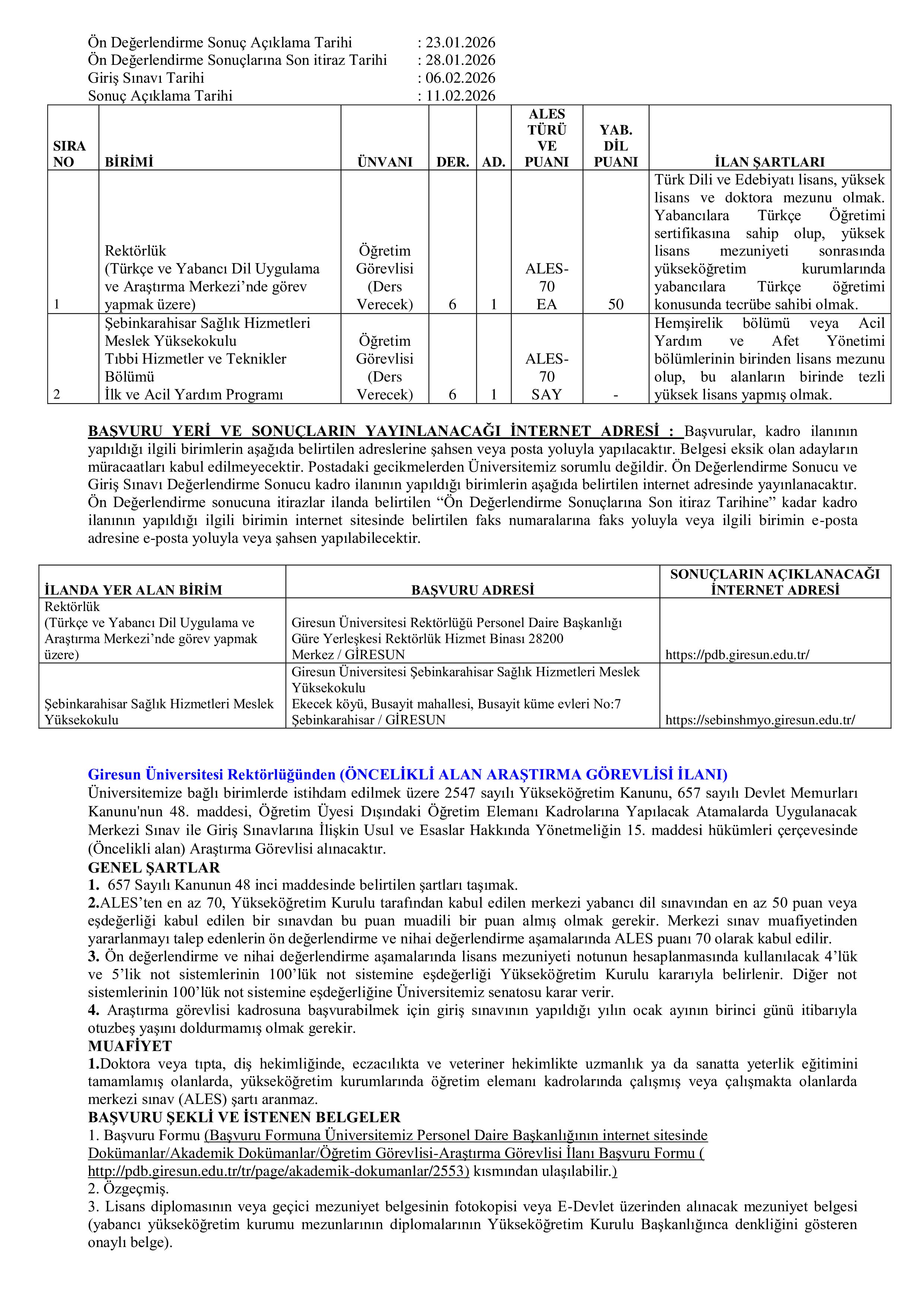 GİRESUN ÜNİVERSİTESİ 3 ÖĞRETİM ELEMANI ALACAK ( 31 Aralık - 16 Ocak) İlan İçeriği Sayfa 2