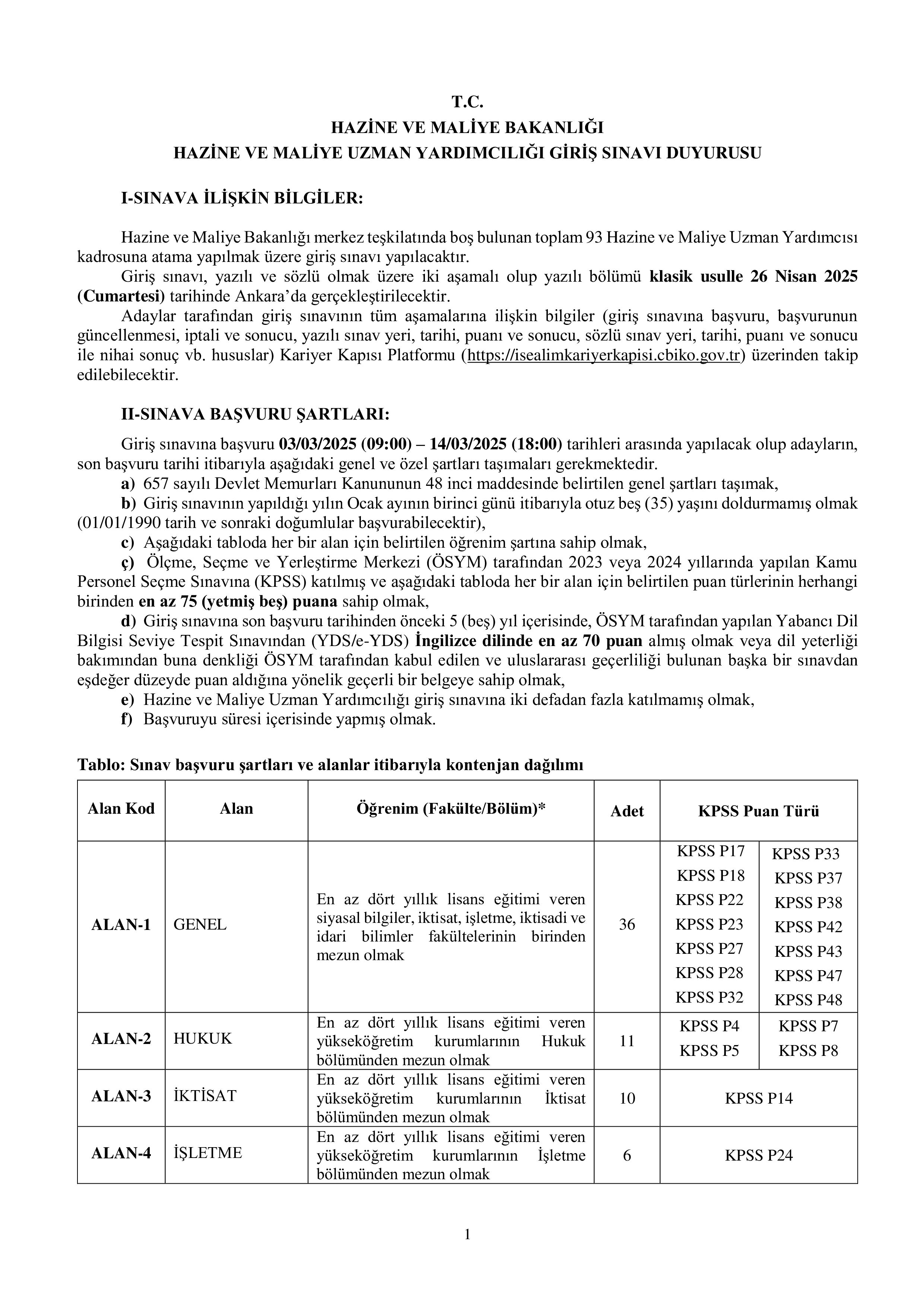 HAZİNE VE MALİYE BAKANLIĞI 93 HAZİNE VE MALİYE UZMAN YARDIMCISI ALACAK ( 3 Mart - 14 Mart) İlan İçeriği Sayfa 1
