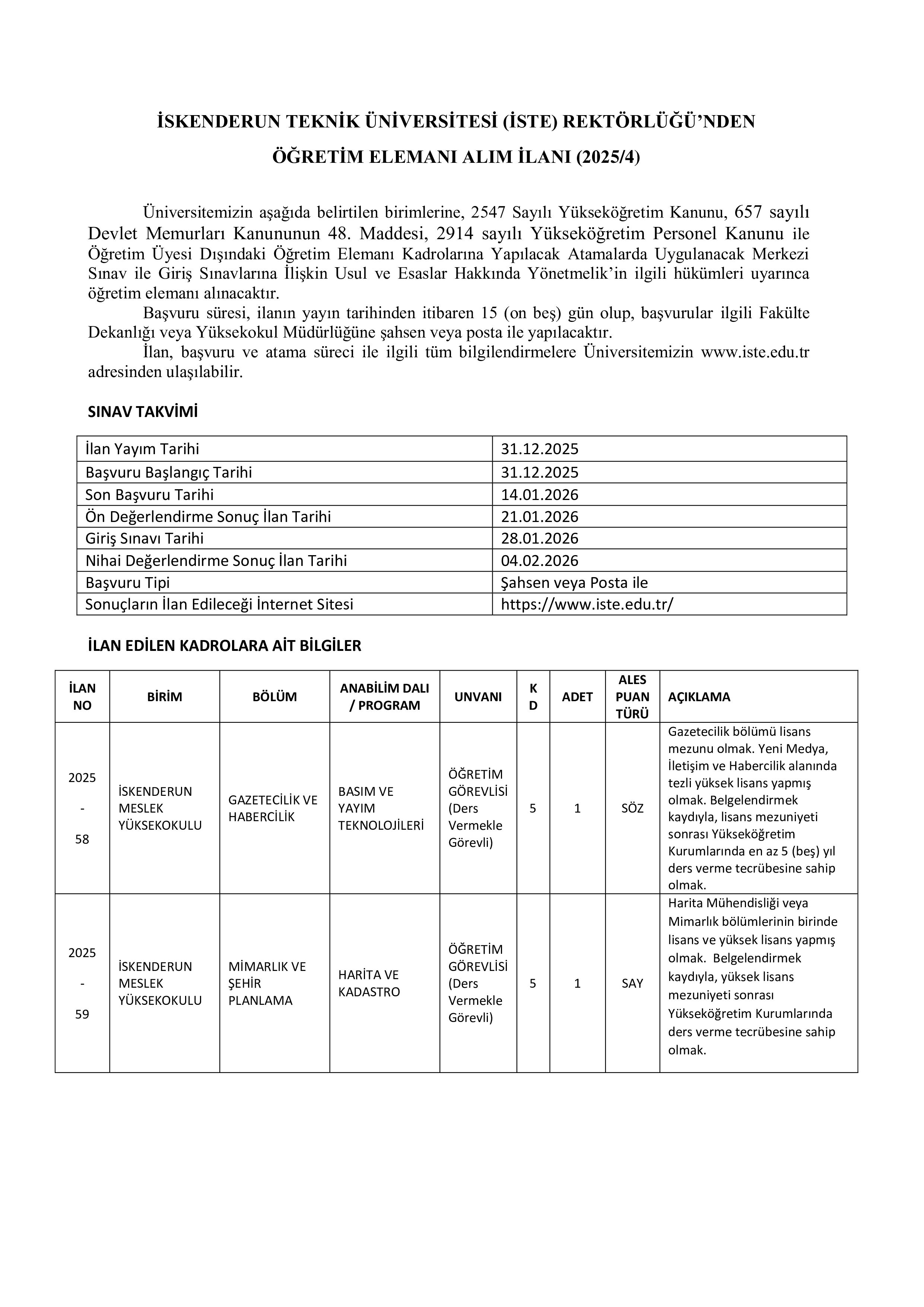 İSKENDERUN TEKNİK ÜNİVERSİTESİ 8 ÖĞRETİM ELEMANI ALACAK ( 31 Aralık - 14 Ocak) İlan İçeriği Sayfa 1