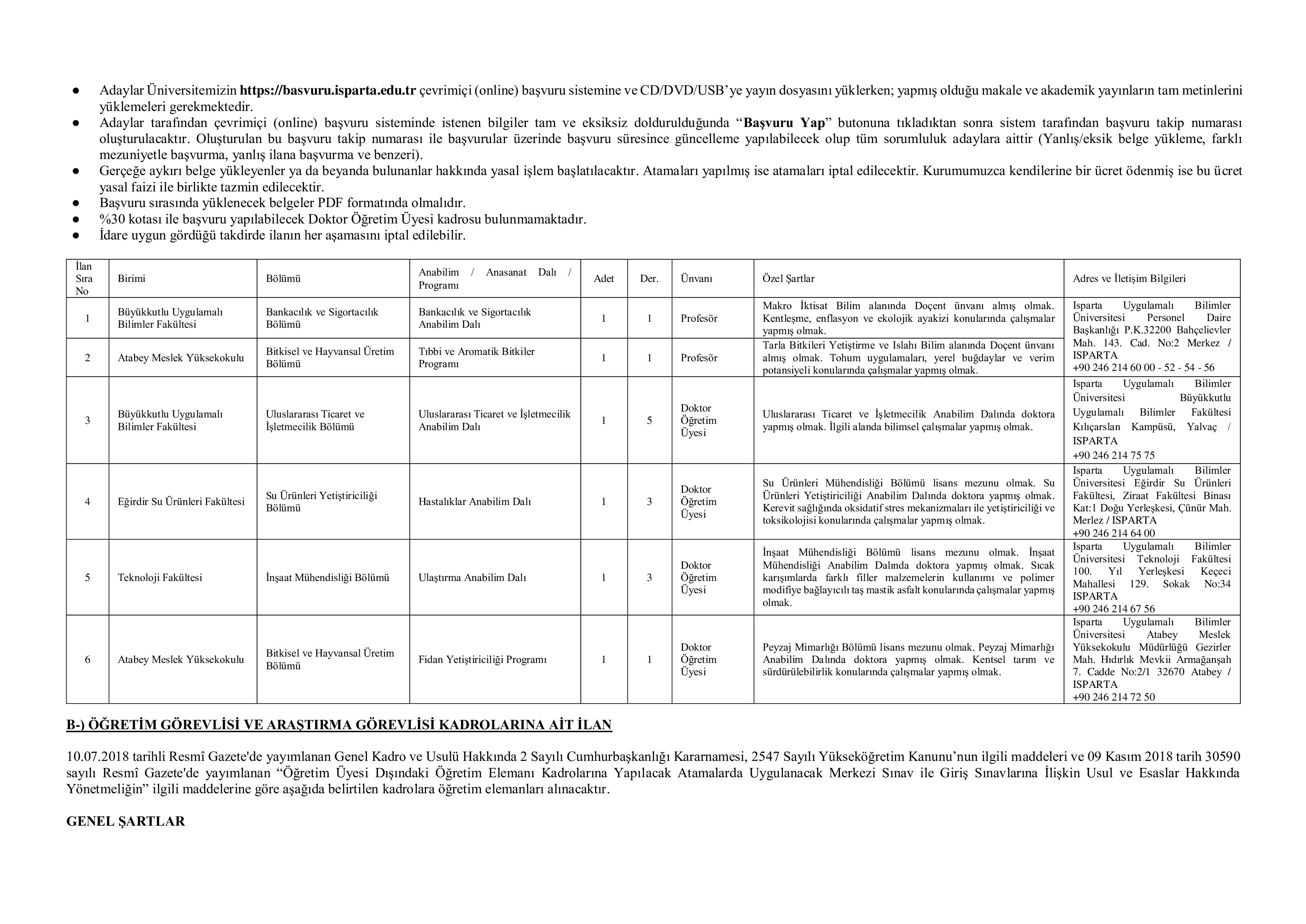 ISPARTA UYGULAMALI BİLİMLER ÜNİVERSİTESİ 11 ÖĞRETİM ELEMANI ALACAK ( 31 Aralık - 16 Ocak) İlan İçeriği Sayfa 2