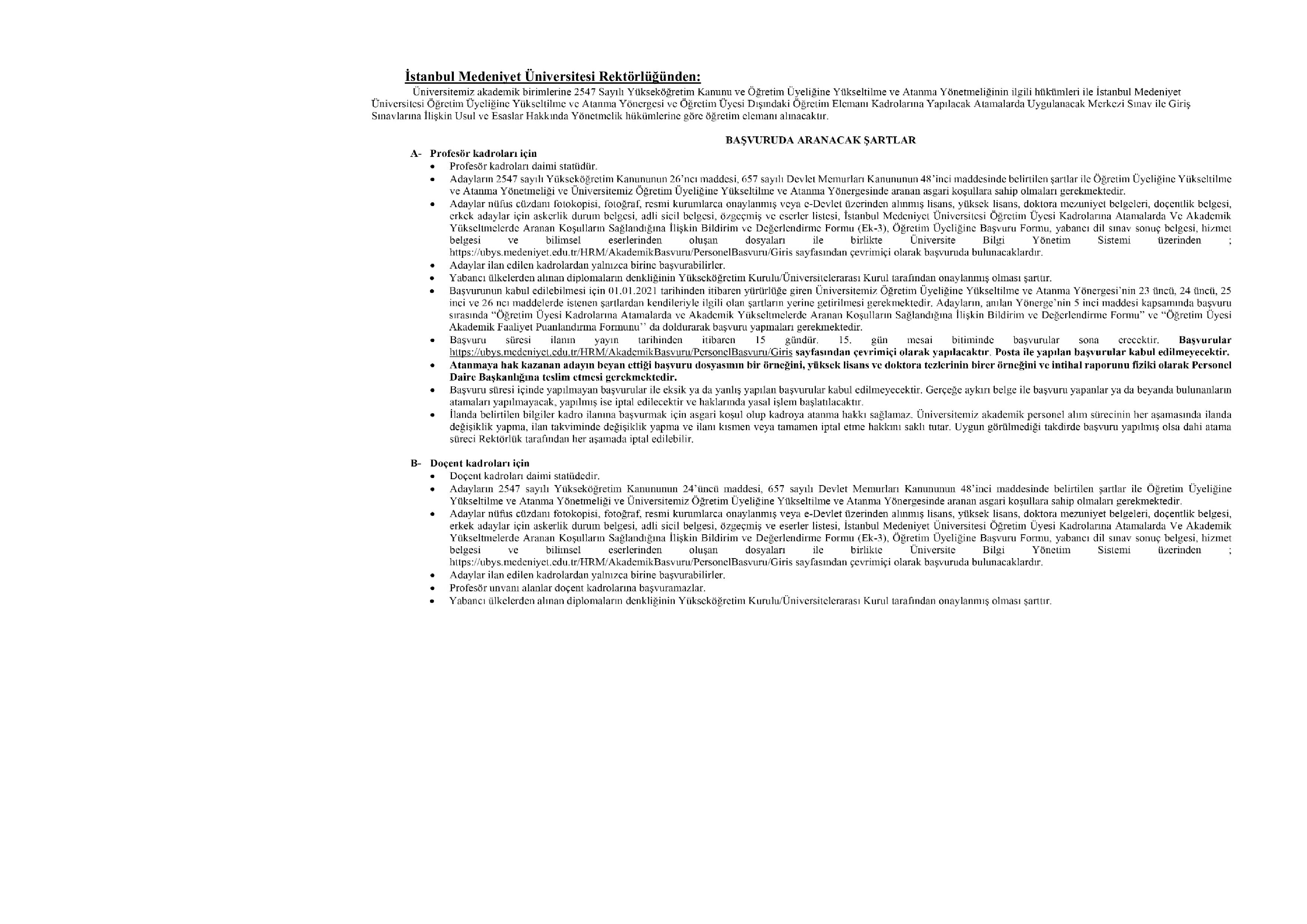 İlan İçeriği Sayfa 1 İSTANBUL MEDENİYET ÜNİVERSİTESİ 16 ÖĞRETİM ÜYESİ ALACAK ( 31 Aralık - 14 Ocak) İlan İçeriği Sayfa 1