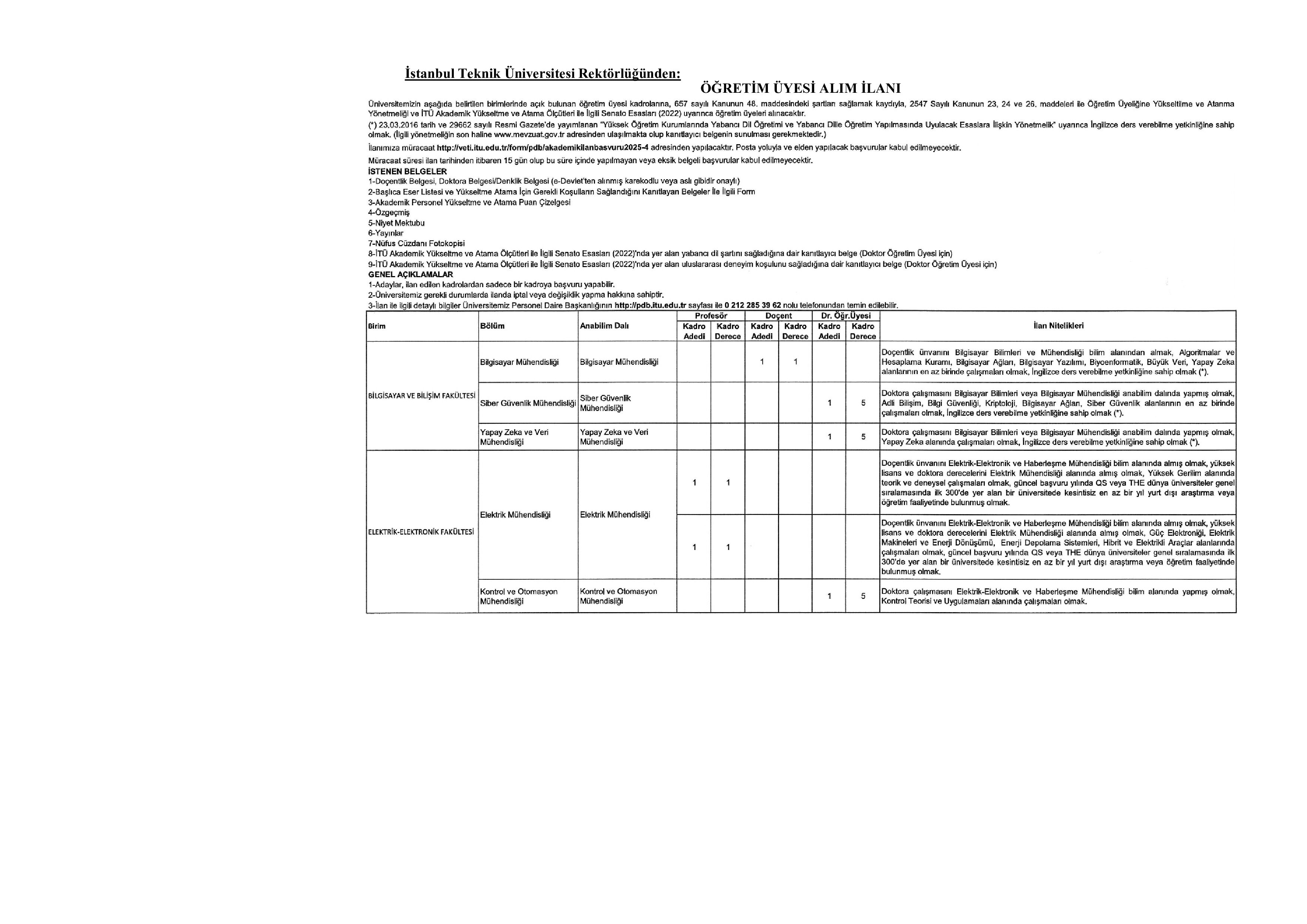 İSTANBUL TEKNİK ÜNİVERSİTESİ 68  ALACAK ( 31 Aralık - 14 Ocak) İlan İçeriği Sayfa 1