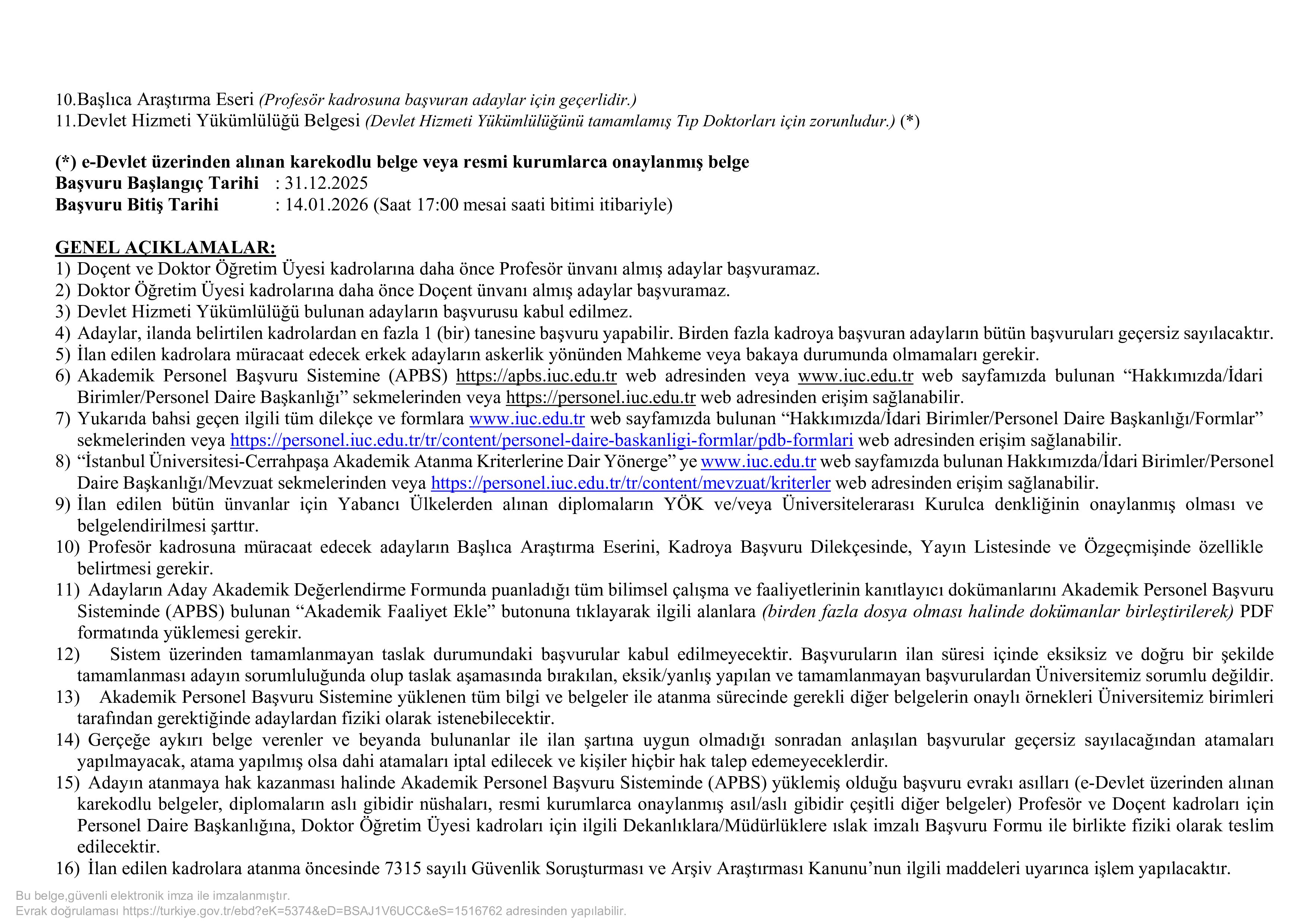İSTANBUL ÜNİVERSİTESİ-CERRAHPAŞA 41 ÖĞRETİM ÜYESİ VE ÖĞRETİM ELEMANI ALACAK ( 31 Aralık - 14 Ocak) İlan İçeriği Sayfa 2