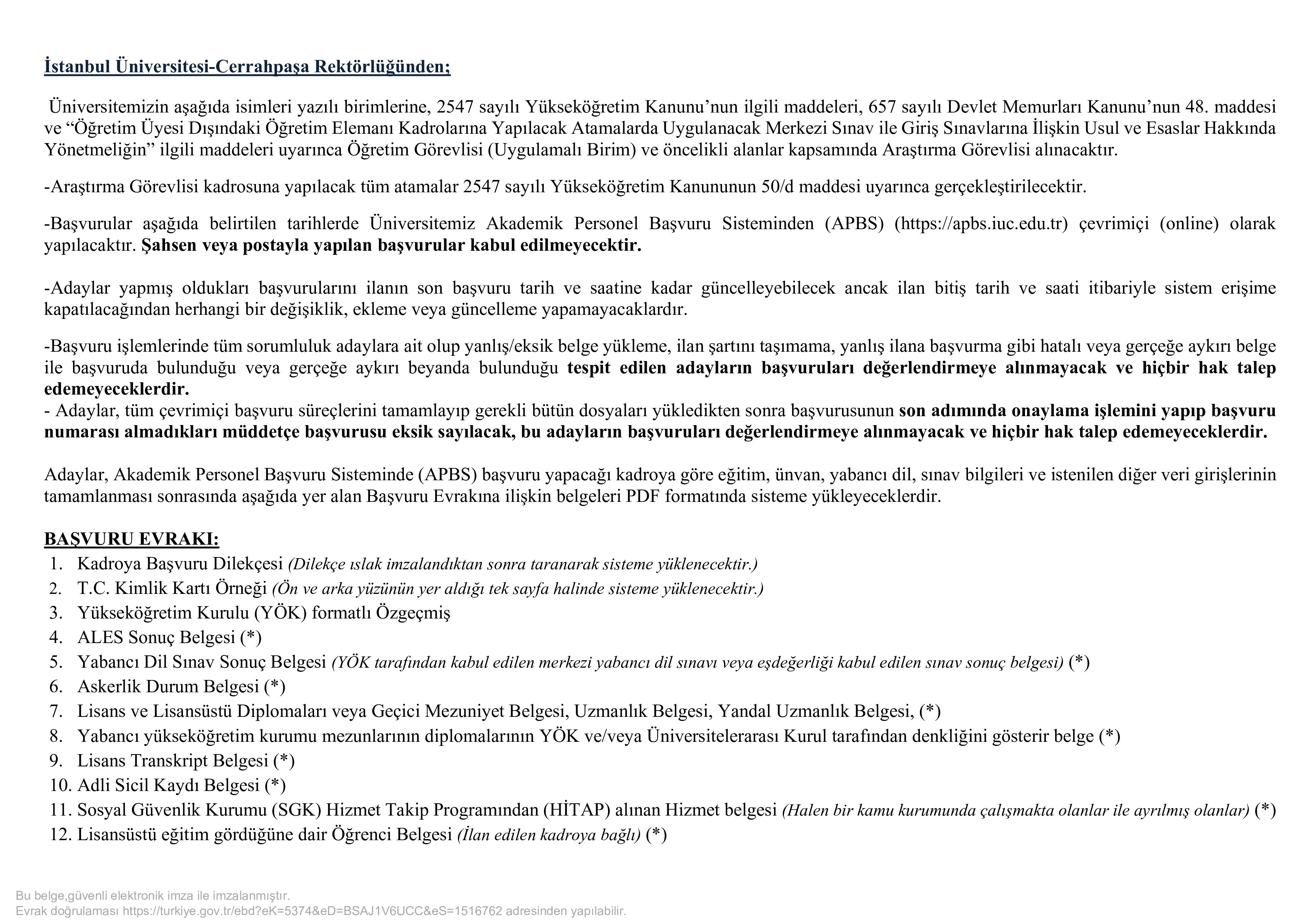 İSTANBUL ÜNİVERSİTESİ-CERRAHPAŞA 41 ÖĞRETİM ÜYESİ VE ÖĞRETİM ELEMANI ALACAK ( 31 Aralık - 14 Ocak) İlan İçeriği Sayfa 6