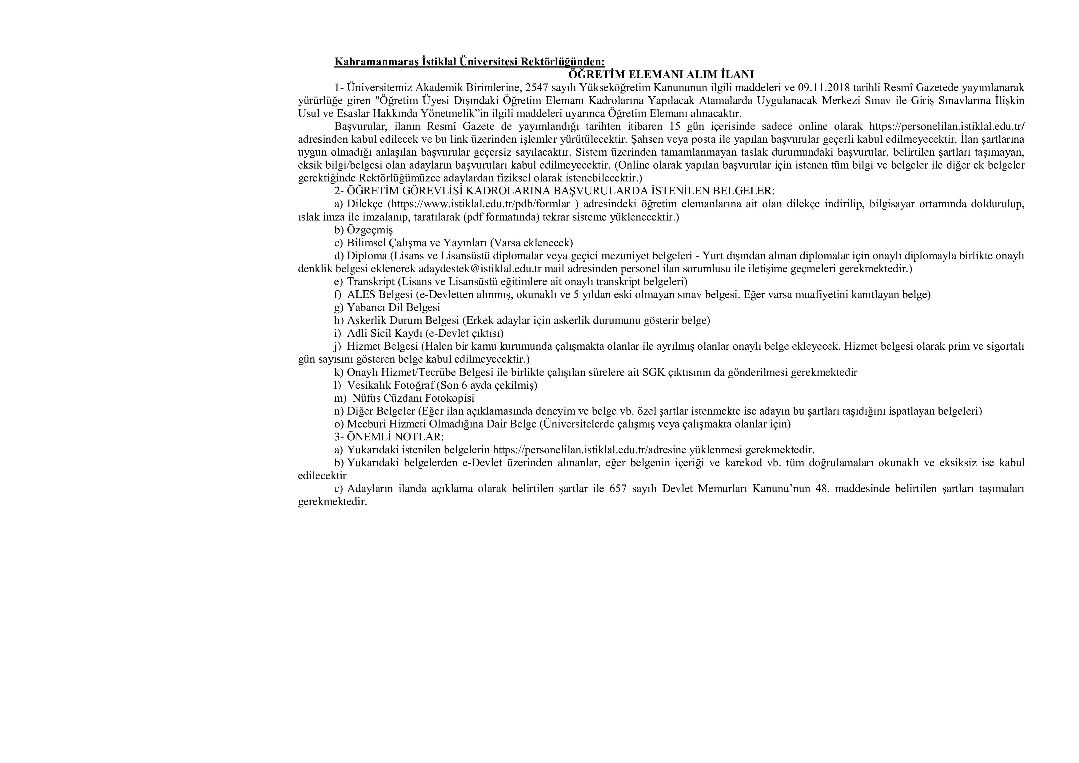 KAHRAMANMARAŞ İSTİKLAL ÜNİVERSİTESİ 10 ÖĞRETİM ÜYESİ ALACAK ( 31 Aralık - 14 Ocak) İlan İçeriği Sayfa 1