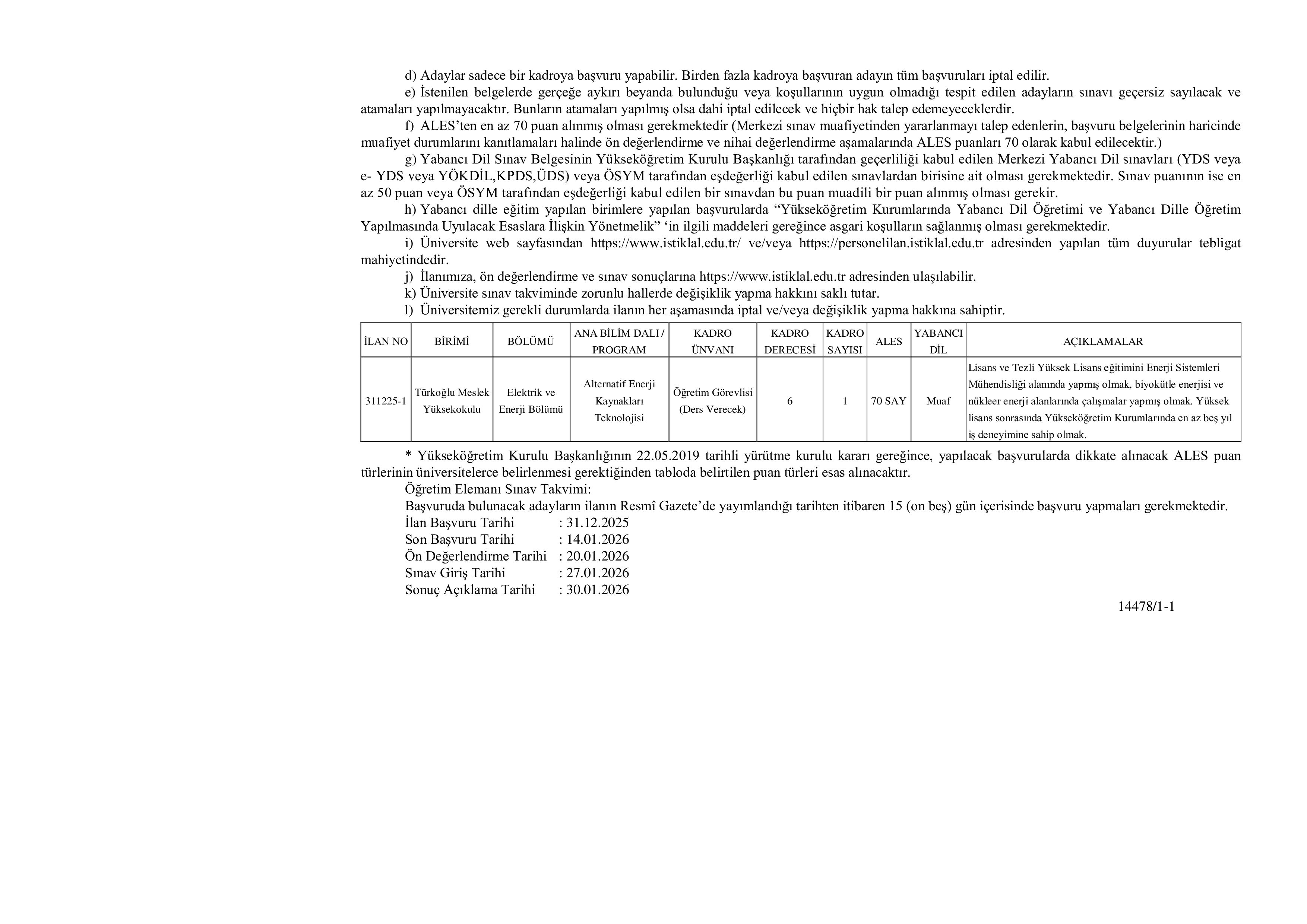 KAHRAMANMARAŞ İSTİKLAL ÜNİVERSİTESİ 10 ÖĞRETİM ÜYESİ ALACAK ( 31 Aralık - 14 Ocak) İlan İçeriği Sayfa 2