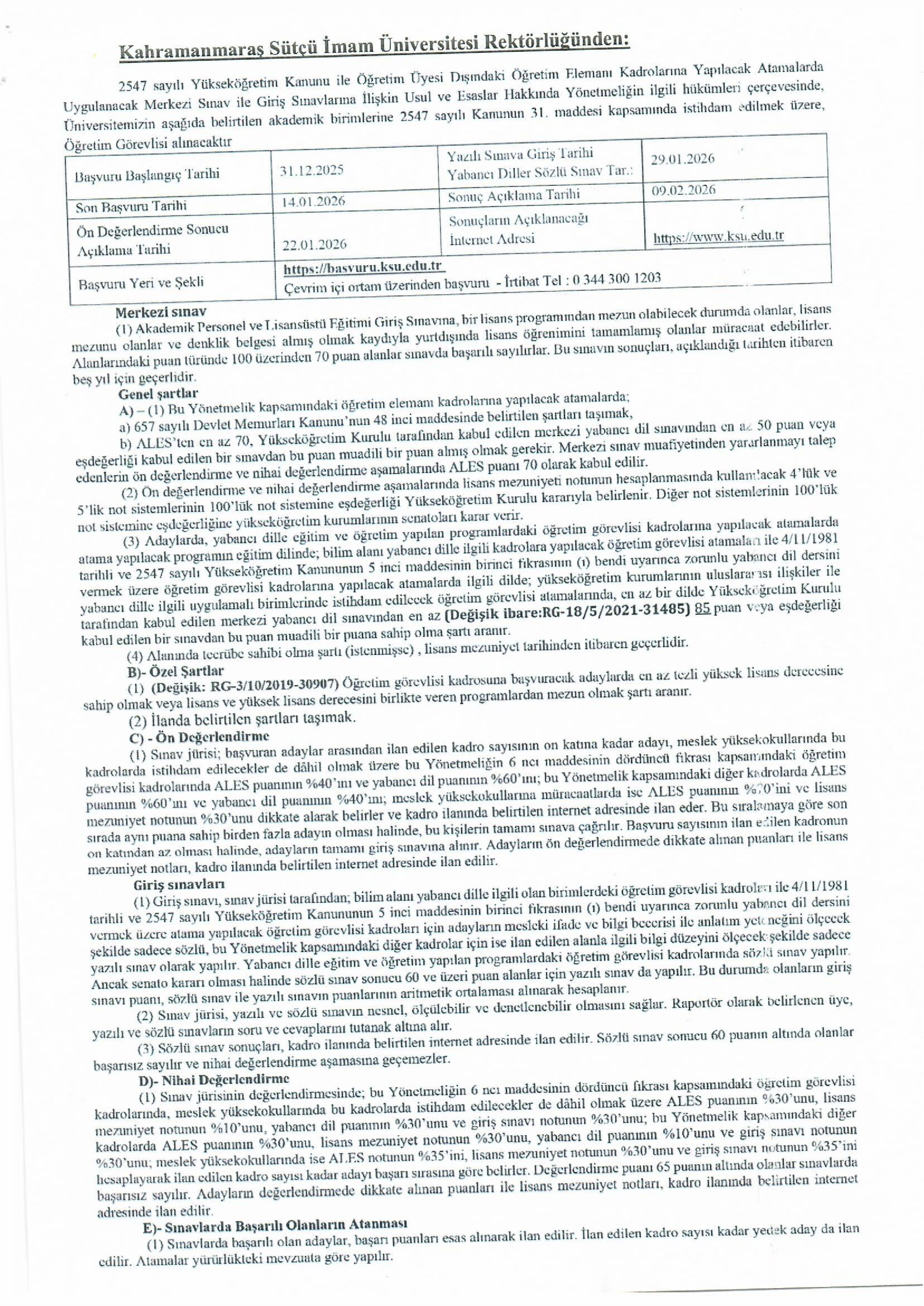 KAHRAMANMARAŞ SÜTÇÜ İMAM ÜNİVERSİTESİ 3 ÖĞRETİM ELEMANI ALACAK ( 31 Aralık - 14 Ocak) İlan İçeriği Sayfa 1