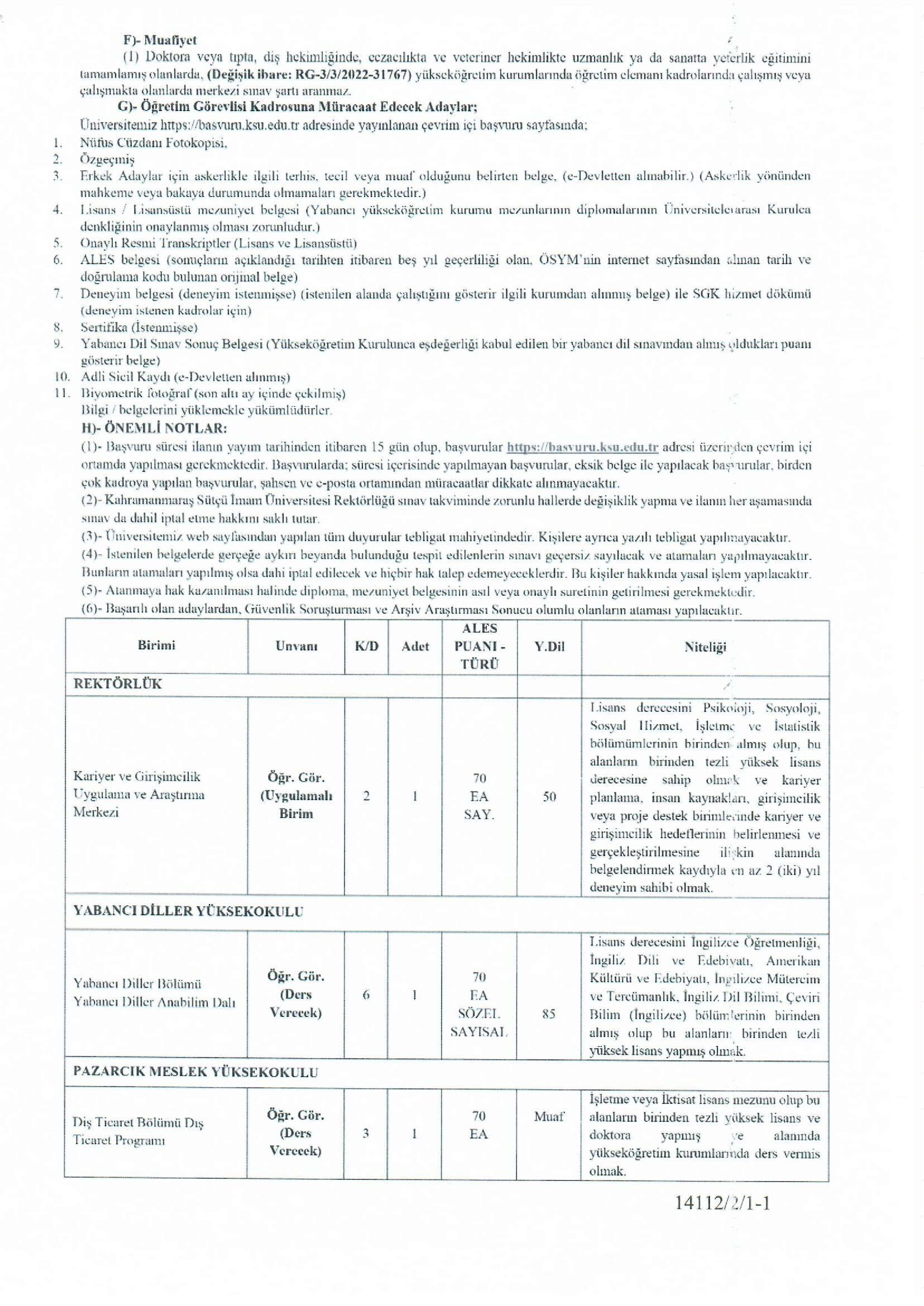KAHRAMANMARAŞ SÜTÇÜ İMAM ÜNİVERSİTESİ 3 ÖĞRETİM ELEMANI ALACAK ( 31 Aralık - 14 Ocak) İlan İçeriği Sayfa 2