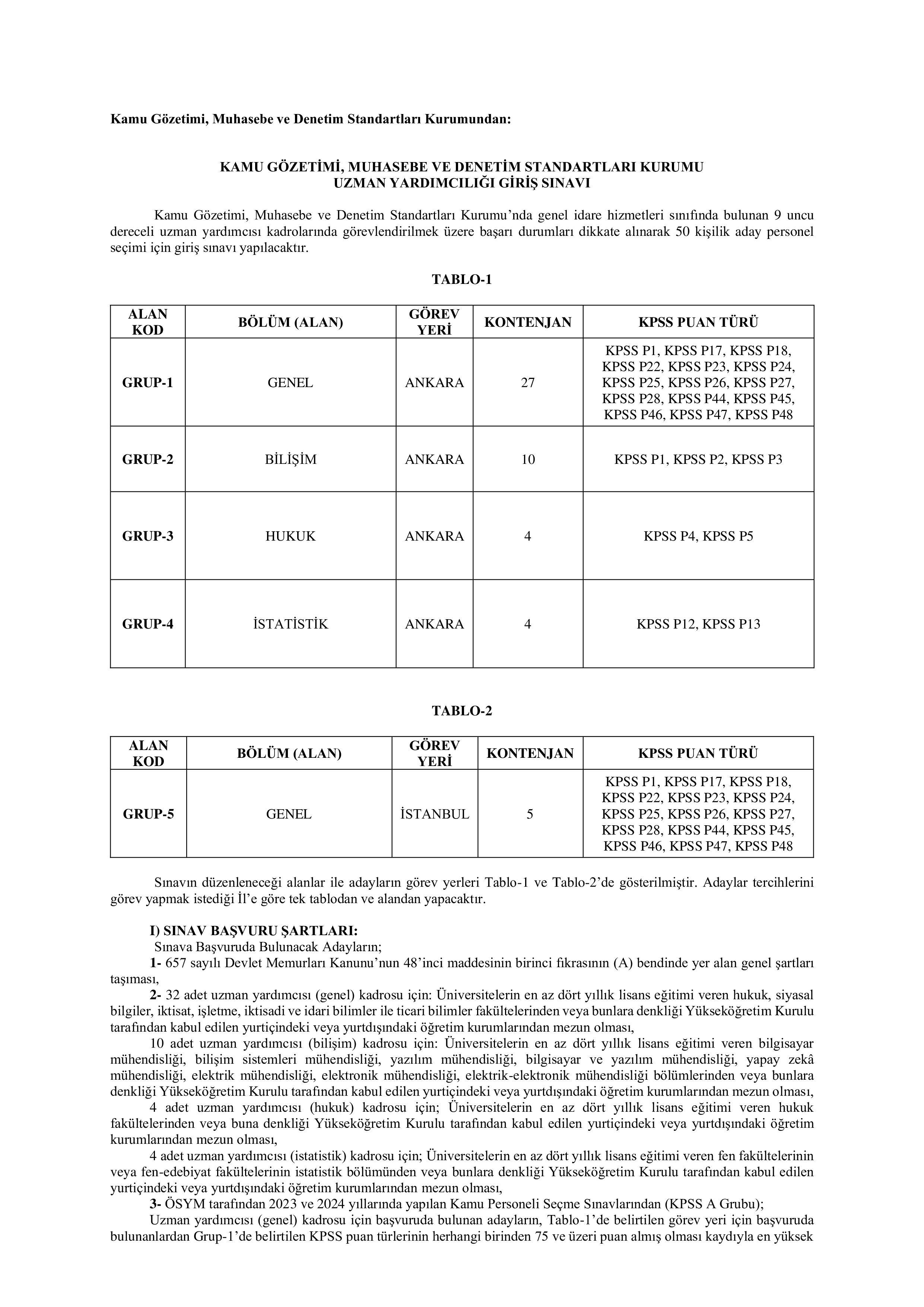 KAMU GÖZETİMİ, MUHASEBE VE DENETİM STANDARTLARI KURUMU UZMAN YARDIMCILIĞI GİRİŞ SINAVI ( 31 Aralık - 15 Ocak) İlan İçeriği Sayfa 1