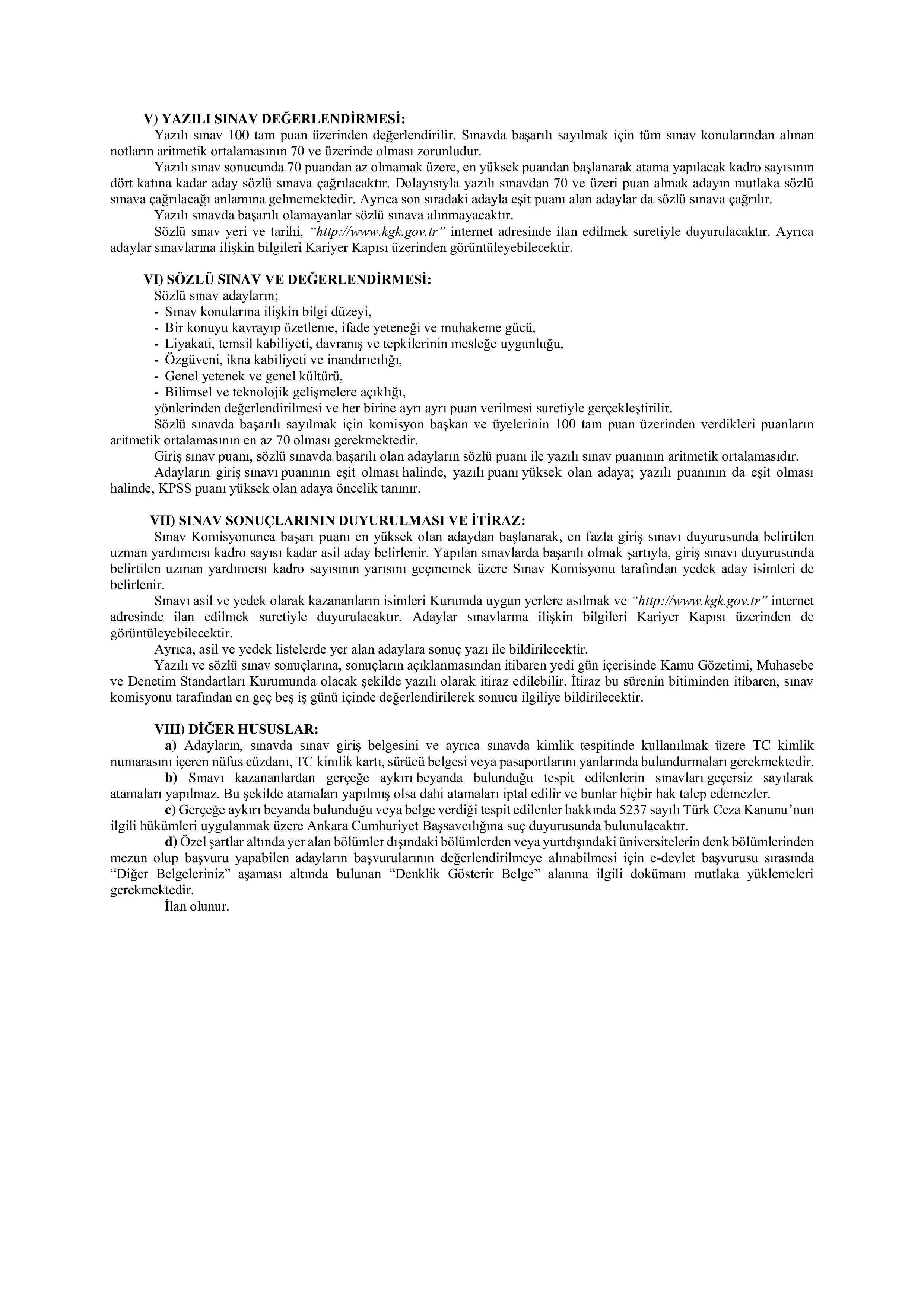 KAMU GÖZETİMİ, MUHASEBE VE DENETİM STANDARTLARI KURUMU UZMAN YARDIMCILIĞI GİRİŞ SINAVI ( 31 Aralık - 15 Ocak) İlan İçeriği Sayfa 3