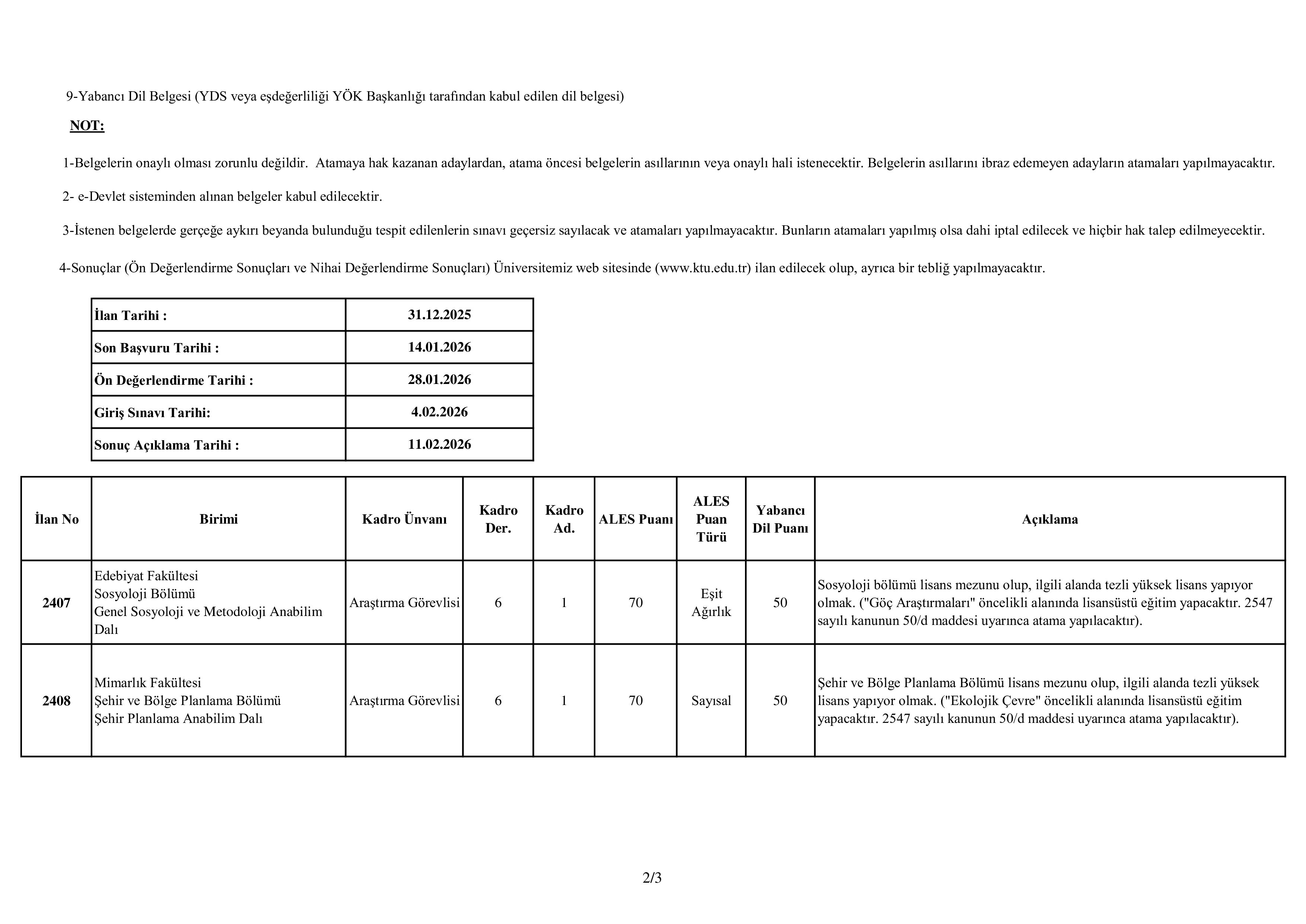 KARADENİZ TEKNİK ÜNİVERSİTESİ 26 ÖĞRETİM ÜYESİ ALACAK ( 31 Aralık - 14 Ocak) İlan İçeriği Sayfa 2