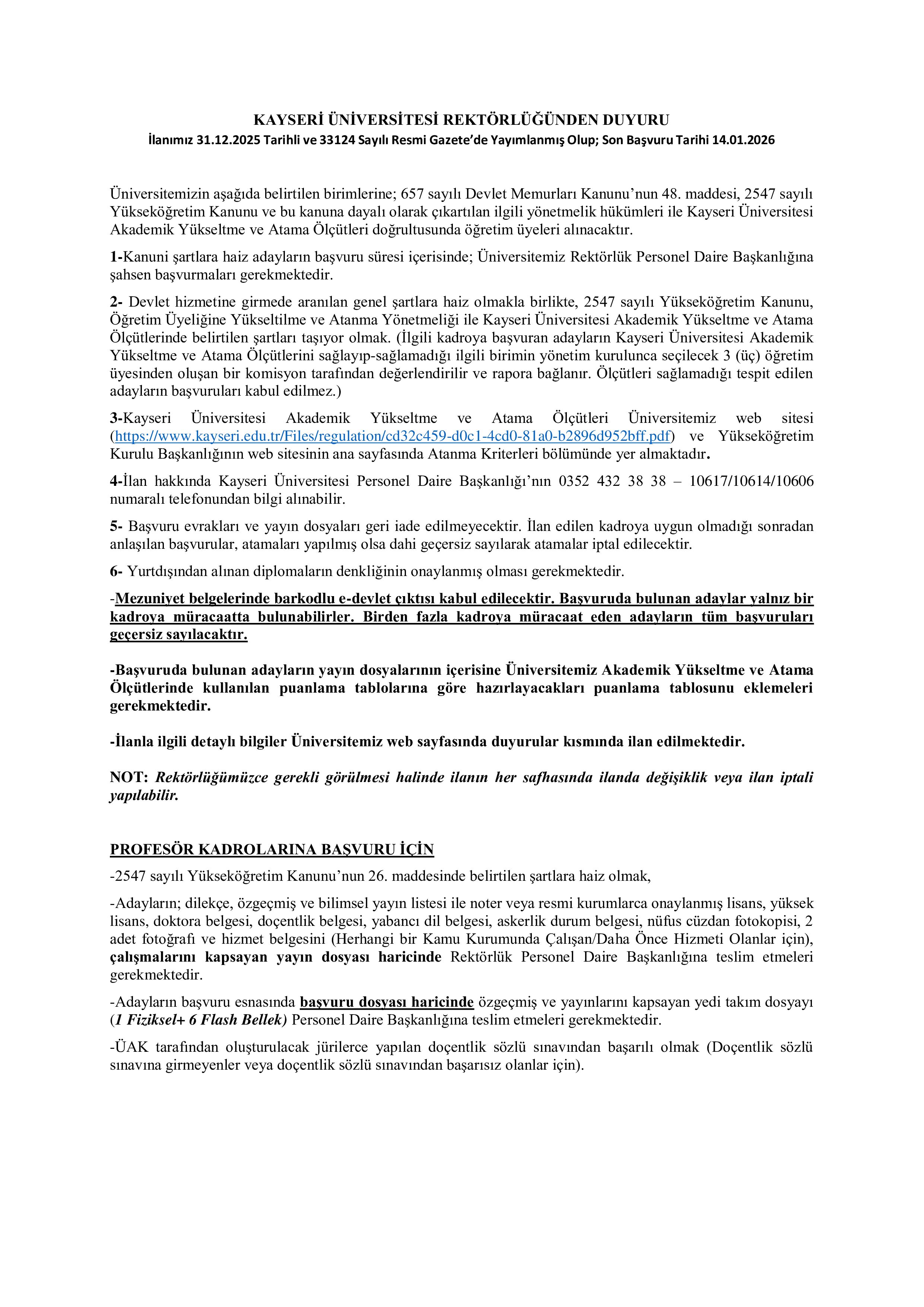KAYSERİ ÜNİVERSİTESİ 21 ÖĞRETİM ÜYESİ ALACAK ( 31 Aralık - 14 Ocak) İlan İçeriği Sayfa 1