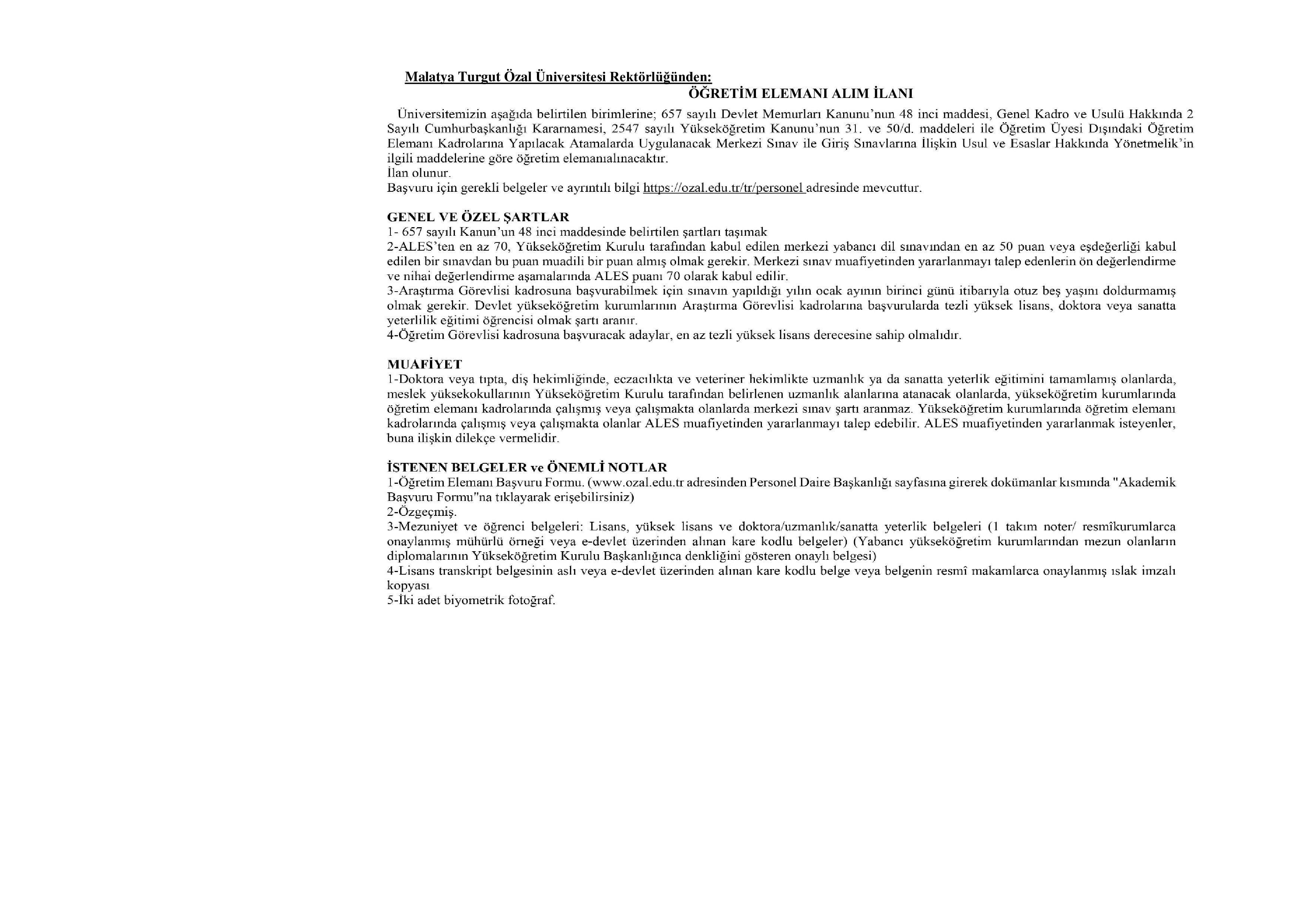 MALATYA TURGUT ÖZAL ÜNİVERSİTESİ 21 ÖĞRETİM ELEMANI ALACAK ( 31 Aralık - 14 Ocak) İlan İçeriği Sayfa 1
