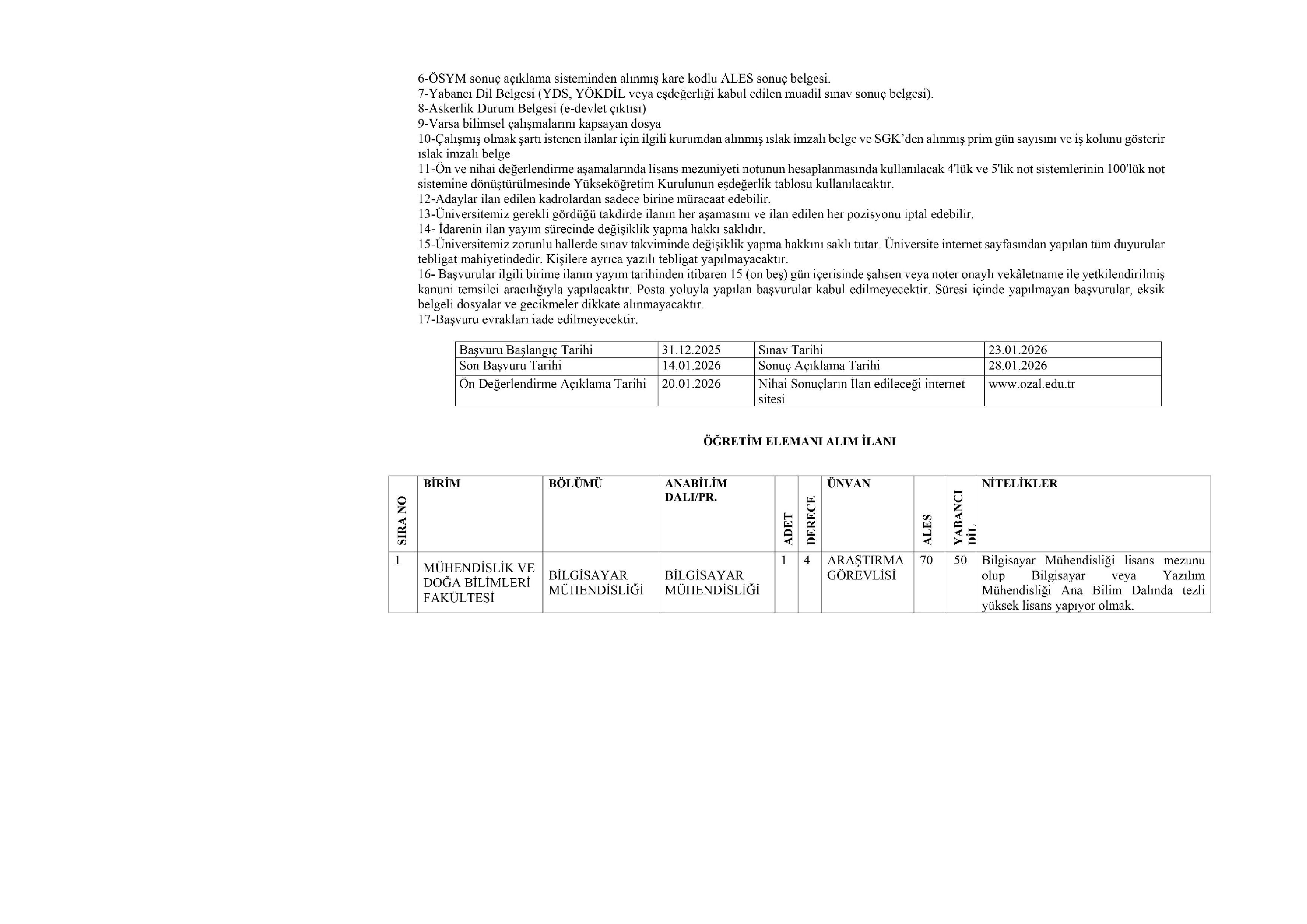 MALATYA TURGUT ÖZAL ÜNİVERSİTESİ 21 ÖĞRETİM ELEMANI ALACAK ( 31 Aralık - 14 Ocak) İlan İçeriği Sayfa 2