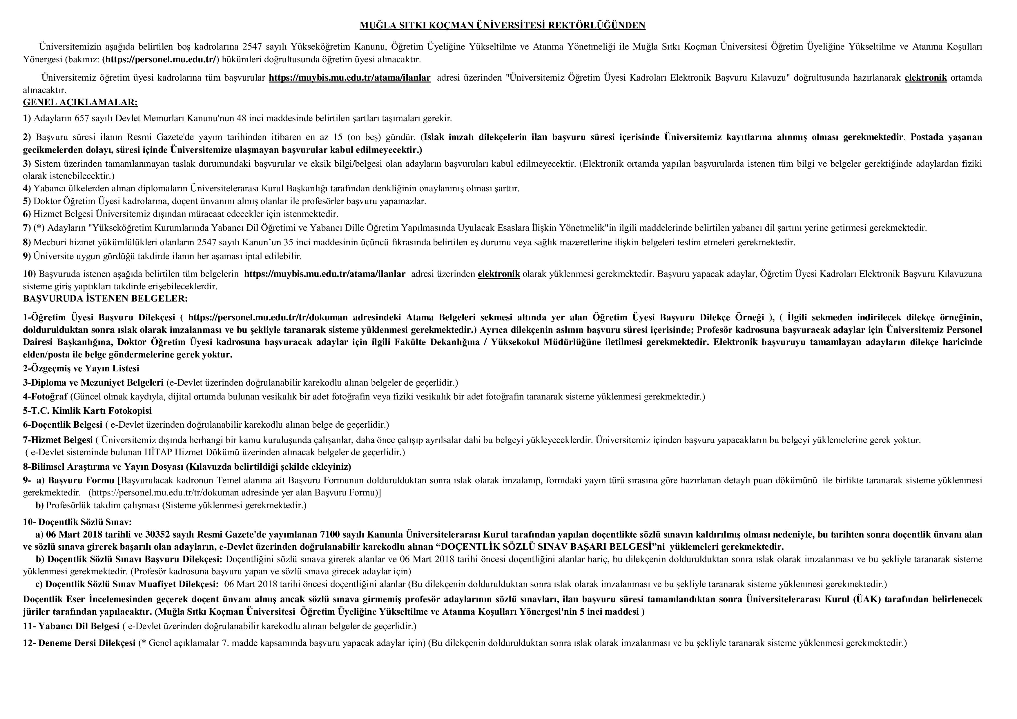 MUĞLA SITKI KOÇMAN ÜNİVERSİTESİ 4  ÖĞRETİM ELEMANI ALACAK ( 31 Aralık - 14 Ocak) İlan İçeriği Sayfa 1