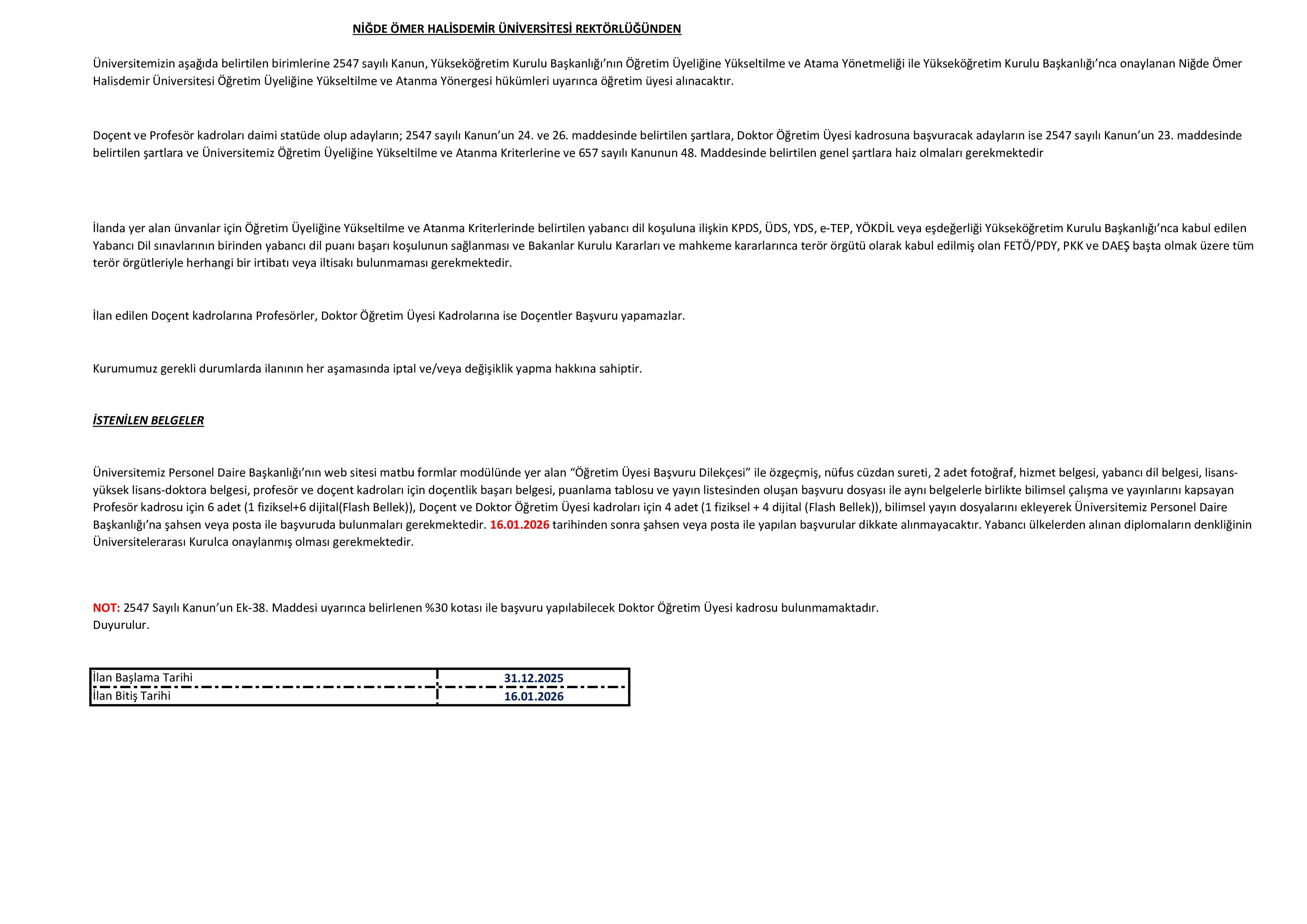 NİĞDE ÖMER HALİSDEMİR ÜNİVERSİTESİ 29 ÖĞRETİM ÜYESİ ALACAK ( 31 Aralık - 16 Ocak) İlan İçeriği Sayfa 1