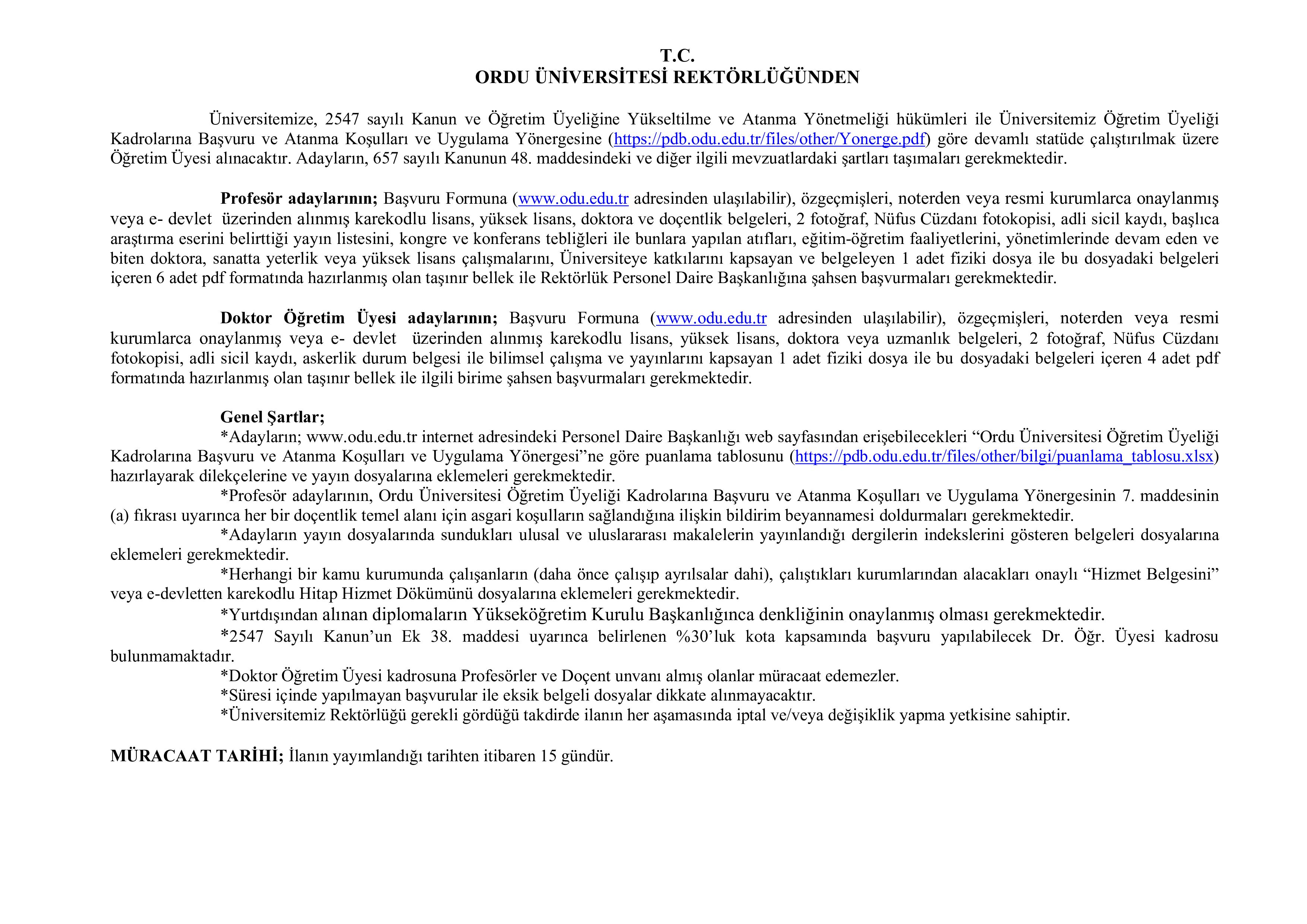 İlan İçeriği Sayfa 1 ORDU ÜNİVERSİTESİ 10 ÖĞRETİM ÜYESİ ALACAK ( 31 Aralık - 14 Ocak) İlan İçeriği Sayfa 1