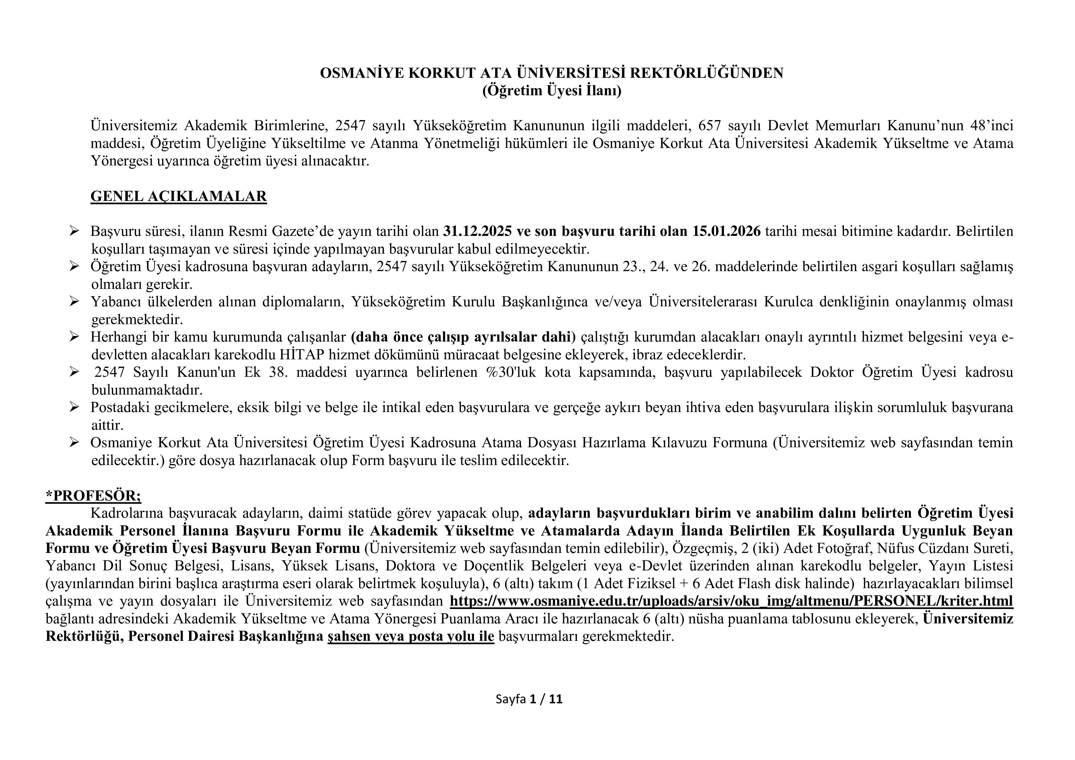 OSMANİYE KORKUT ATA ÜNİVERSİTESİ 1  ALACAK ( 31 Aralık - 15 Ocak) İlan İçeriği Sayfa 1