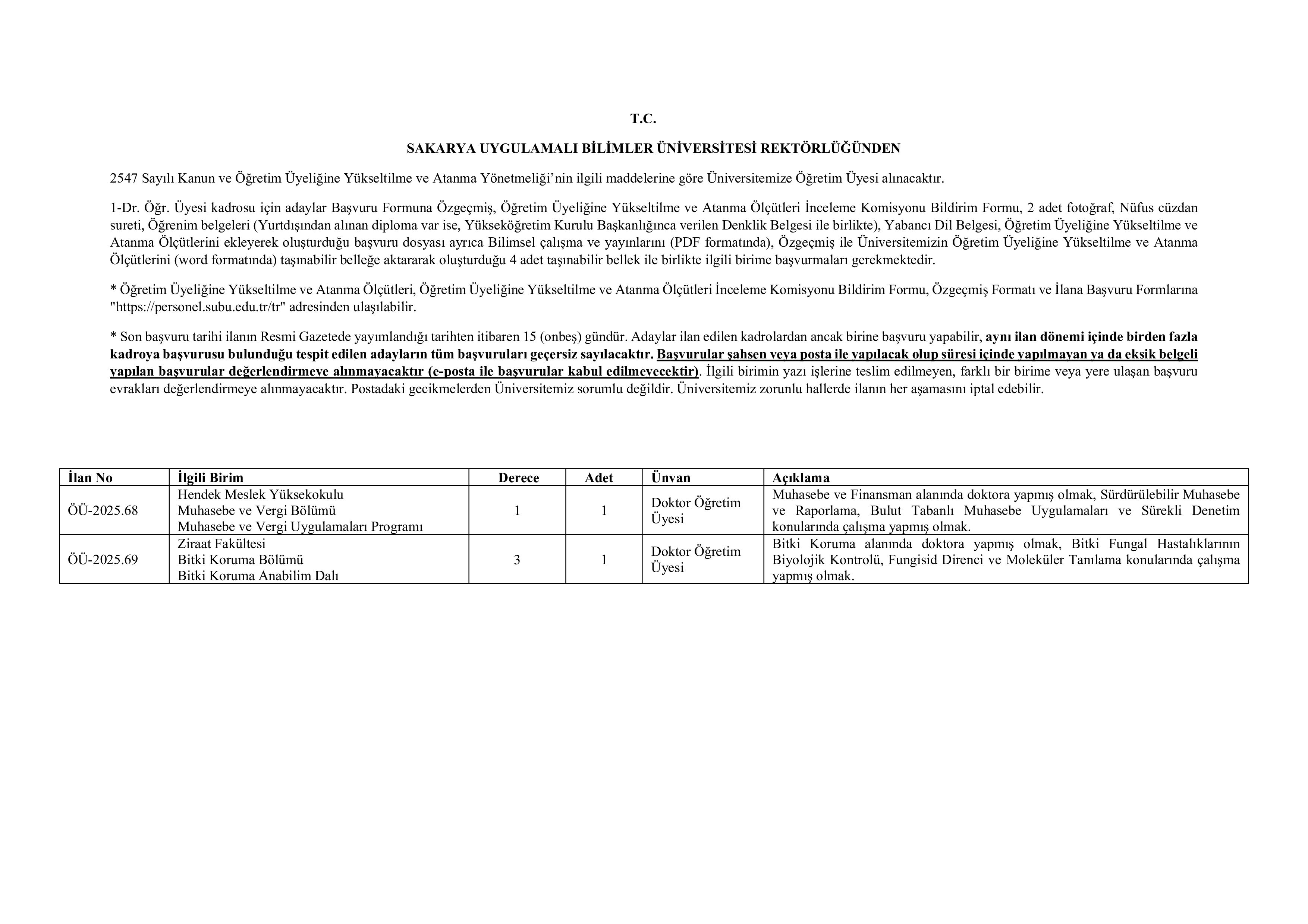 SAKARYA UYGULAMALI BİLİMLER ÜNİVERSİTESİ 1 ÖĞRETİM ELEMANI ALACAK ( 31 Aralık - 14 Ocak) İlan İçeriği Sayfa 1